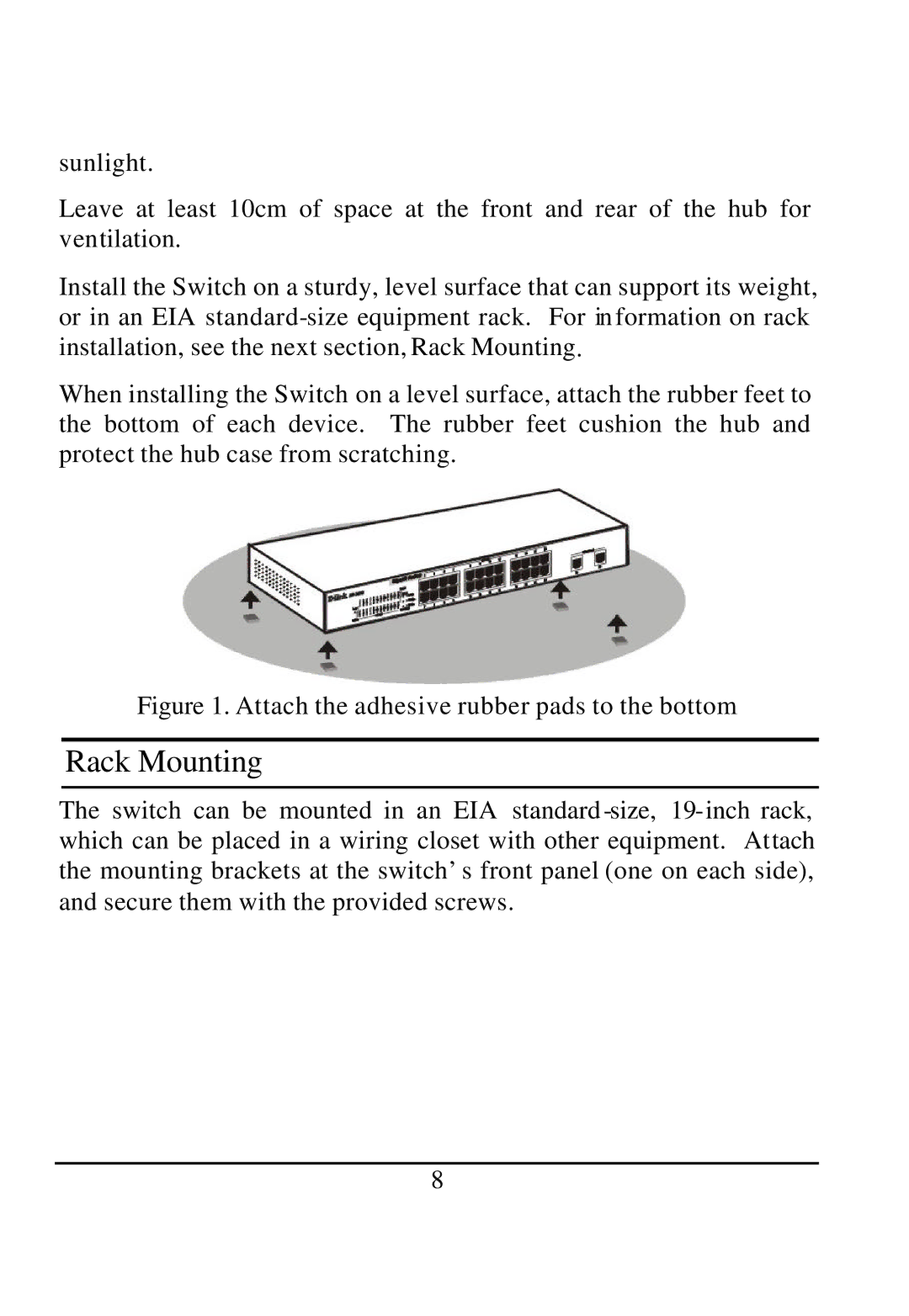 D-Link DGS-1224T manual Rack Mounting, Attach the adhesive rubber pads to the bottom 