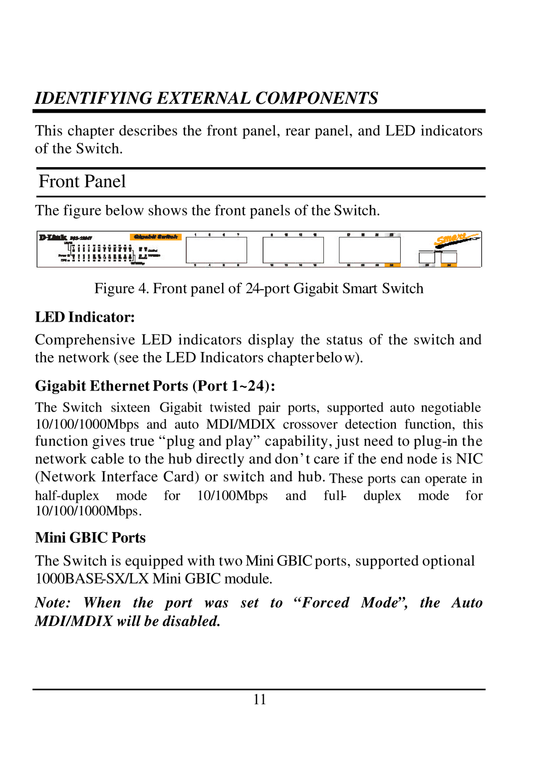 D-Link DGS-1224T manual Front Panel, LED Indicator, Gigabit Ethernet Ports Port 1~24, Mini Gbic Ports 