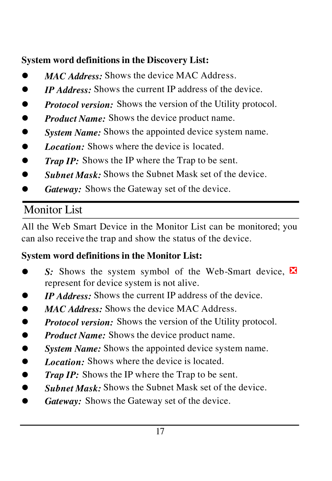 D-Link DGS-1224T manual System word definitions in the Discovery List, System word definitions in the Monitor List 