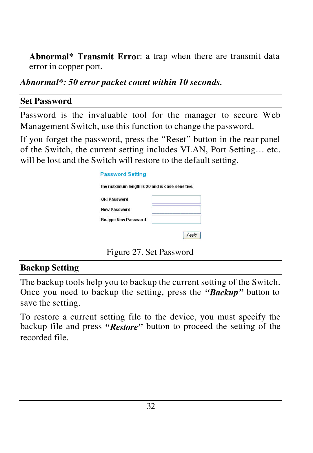 D-Link DGS-1224T manual Set Password, Backup Setting 