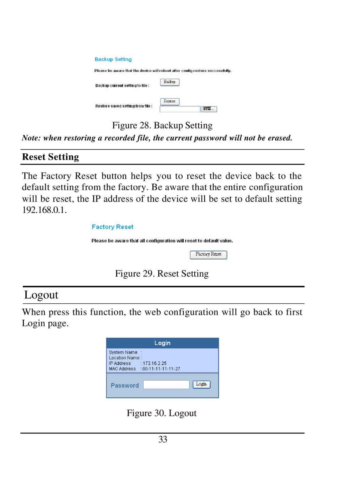 D-Link DGS-1224T manual Logout, Reset Setting 