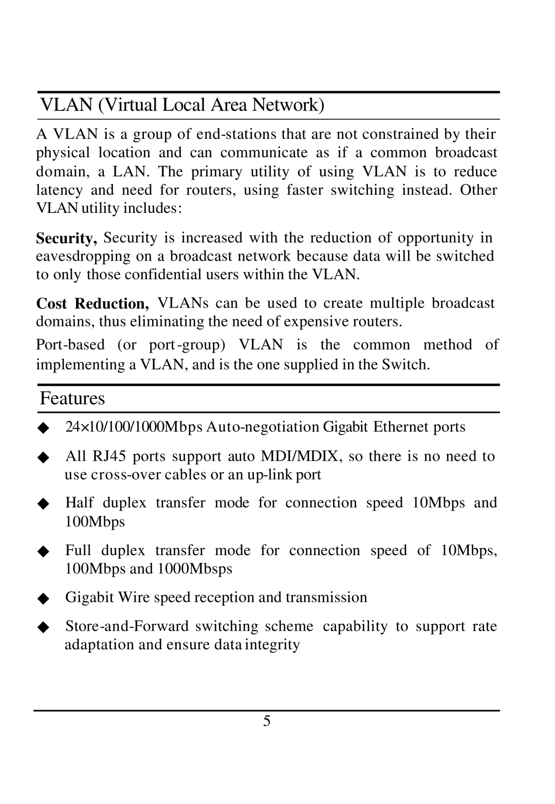 D-Link DGS-1224T manual Vlan Virtual Local Area Network, Features 