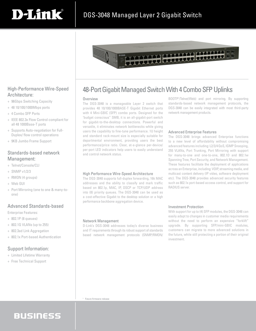 D-Link DGS-3048 warranty Port Gigabit Managed Switch With 4 Combo SFP Uplinks, High-Performance Wire-Speed Architecture 