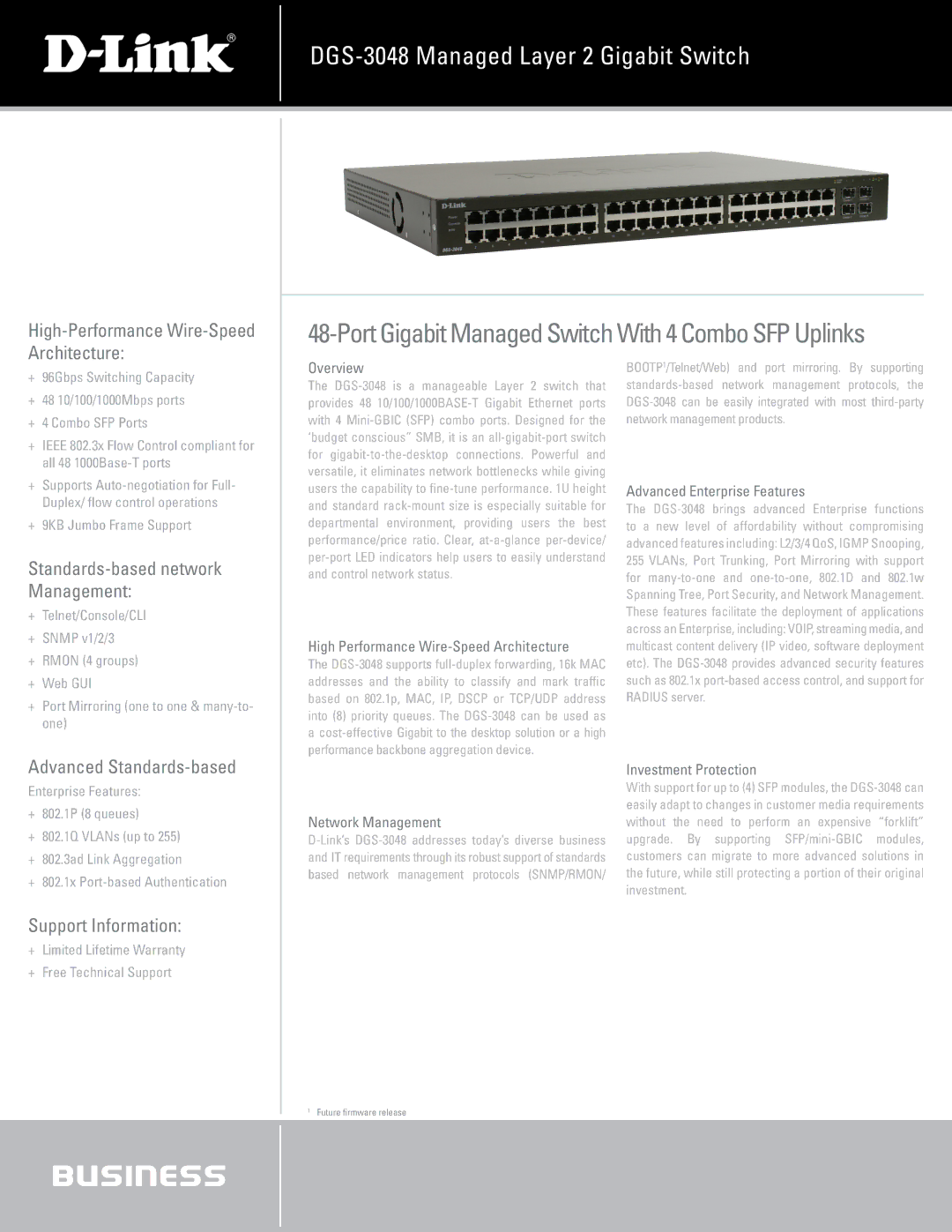 D-Link DGS-3048 warranty High-Performance Wire-Speed Architecture, Standards-based network Management, Support Information 