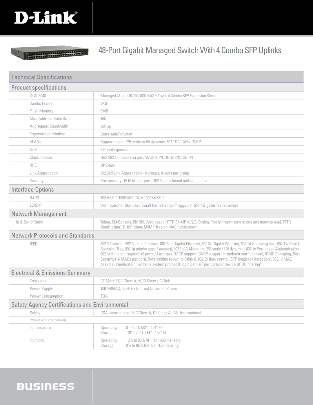 D-Link DGS-3048 warranty Technical Specifications Product specifications, Interface Options, Network Management 