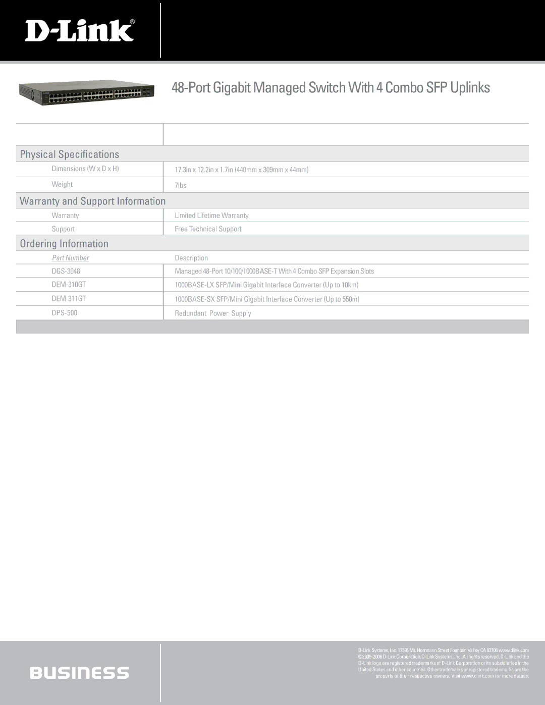 D-Link DGS-3048 Physical Specifications, Warranty and Support Information, Ordering Information, DEM-310GT, DEM-311GT 