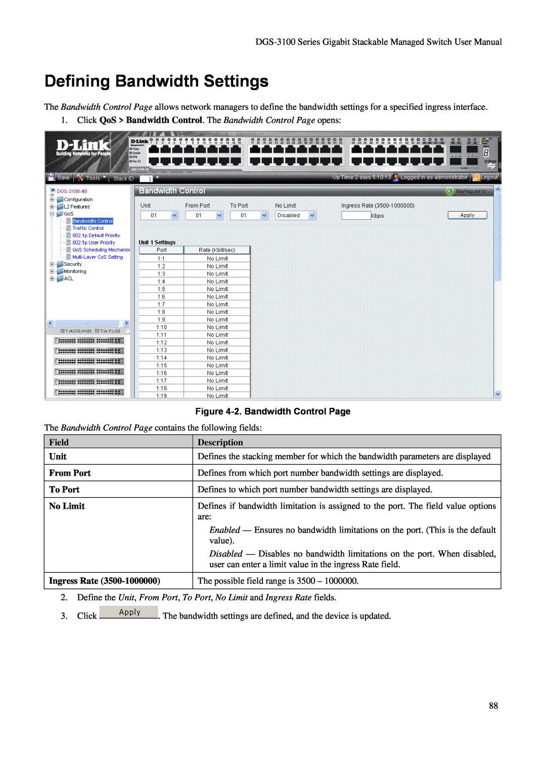D-Link DGS-3100 Defining Bandwidth Settings, Click QoS Bandwidth Control. The Bandwidth Control Page opens, Field, Unit 