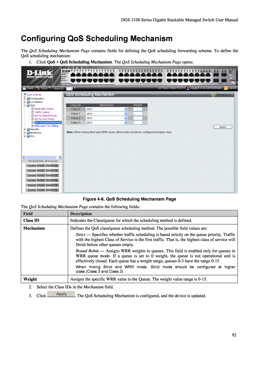 D-Link DGS-3100 Configuring QoS Scheduling Mechanism, 6. QoS Scheduling Mechanism Page, Field Class ID Mechanism Weight 