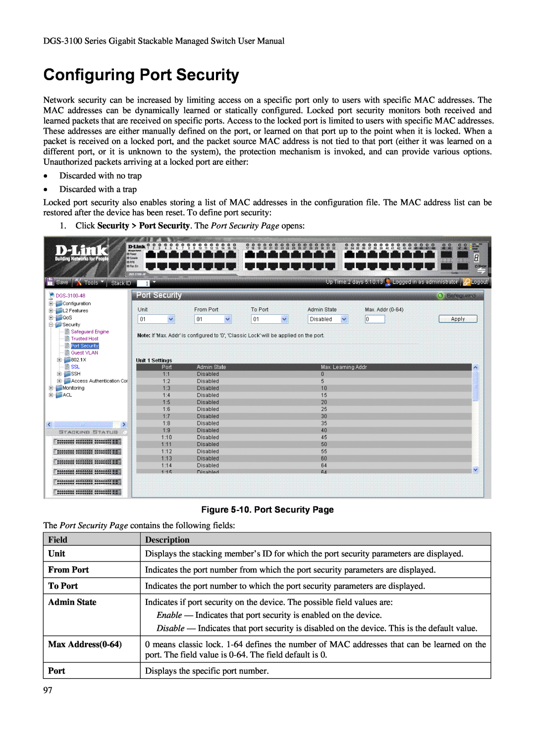 D-Link DGS-3100 Configuring Port Security, Click Security Port Security. The Port Security Page opens, Description 