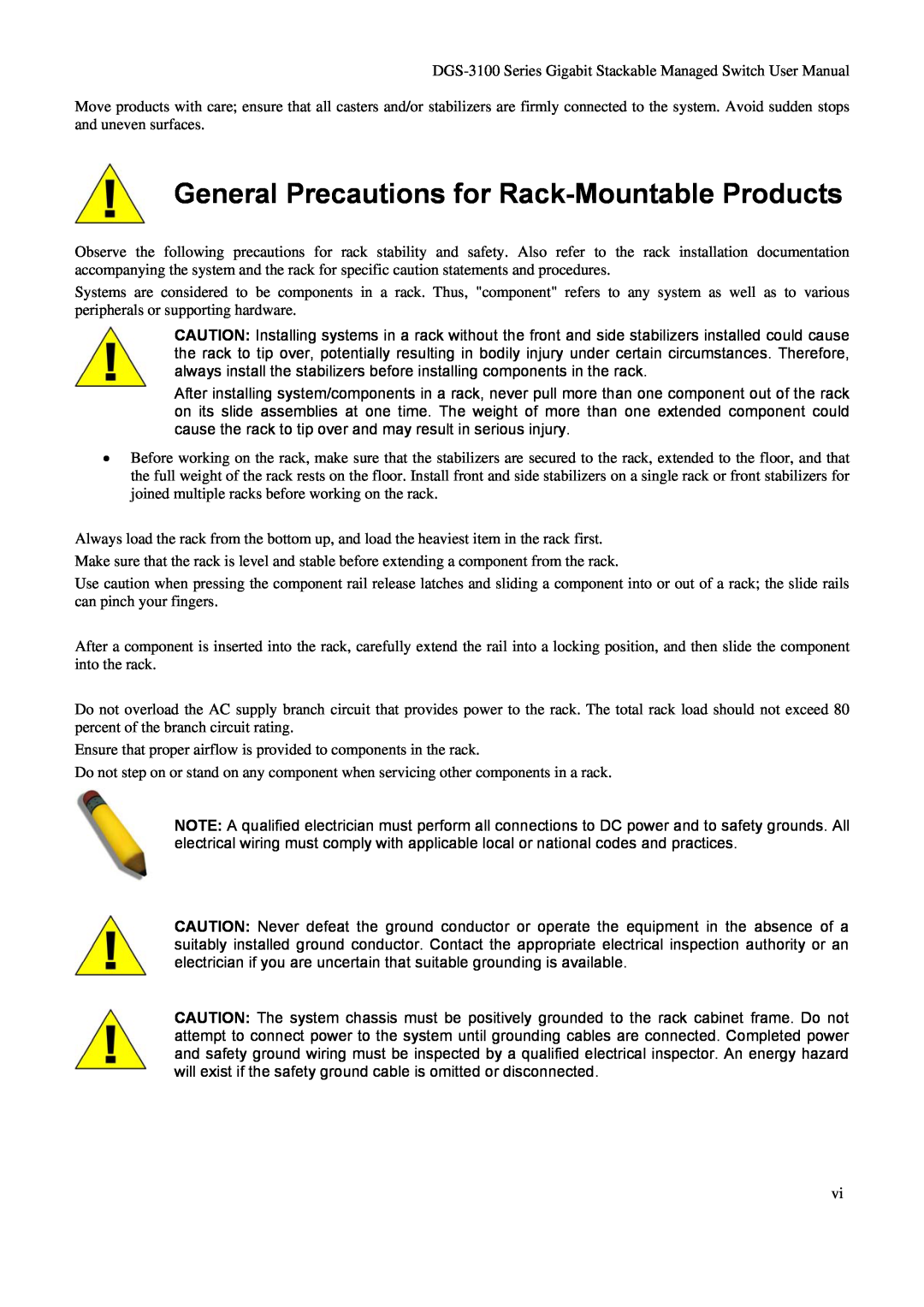 D-Link DGS-3100 user manual General Precautions for Rack-Mountable Products 