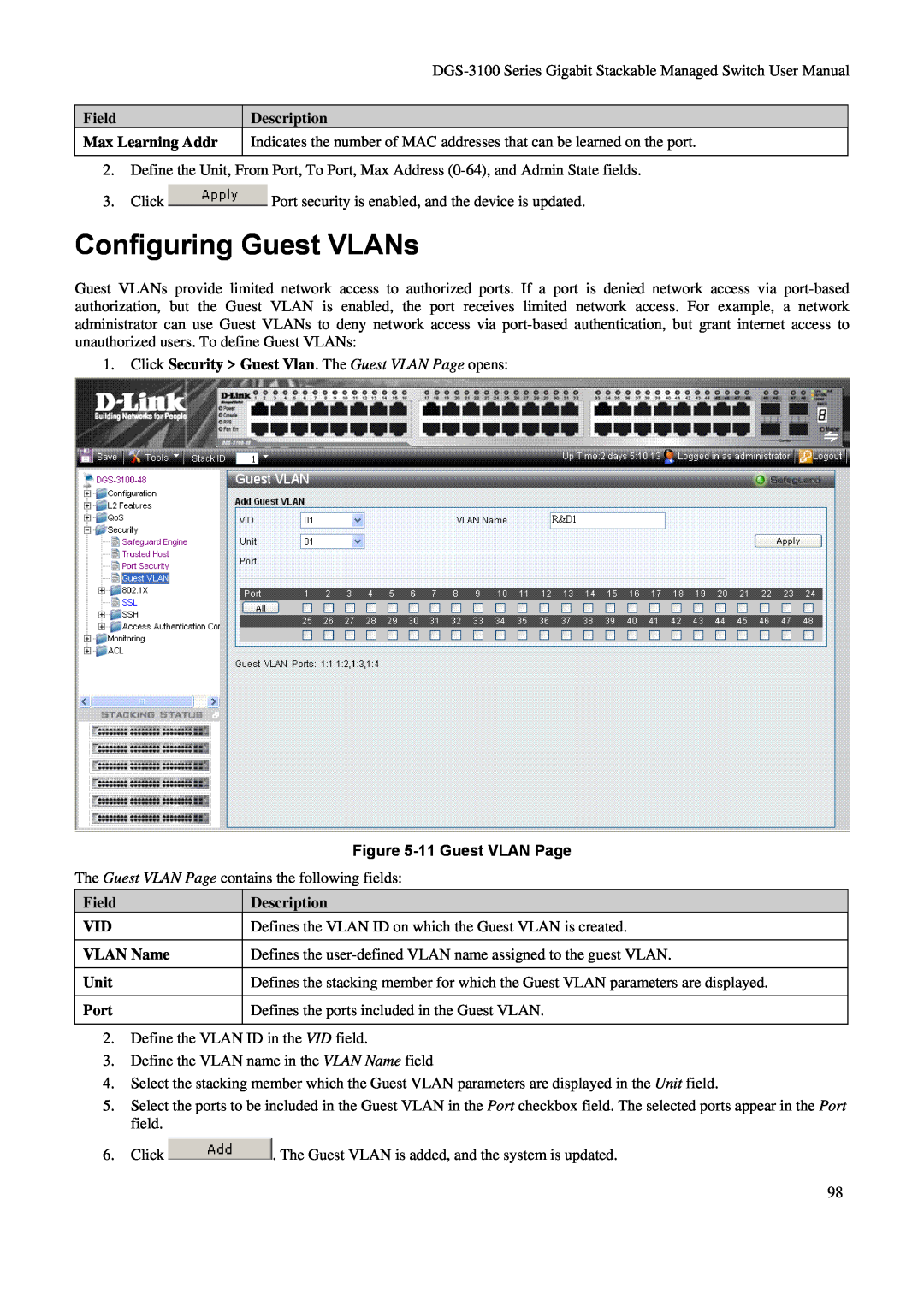 D-Link DGS-3100 user manual Configuring Guest VLANs, Field Max Learning Addr, Description, 11 Guest VLAN Page 