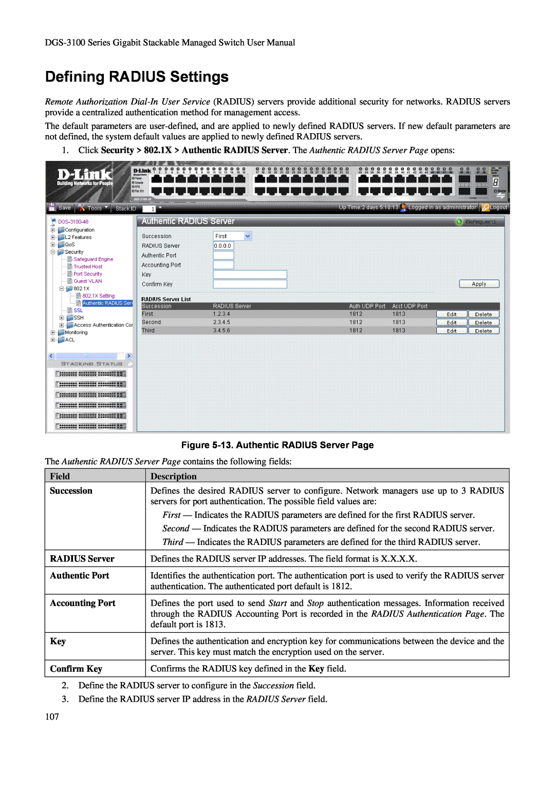D-Link DGS-3100 user manual Defining RADIUS Settings, 13. Authentic RADIUS Server Page, Confirm Key, Description 