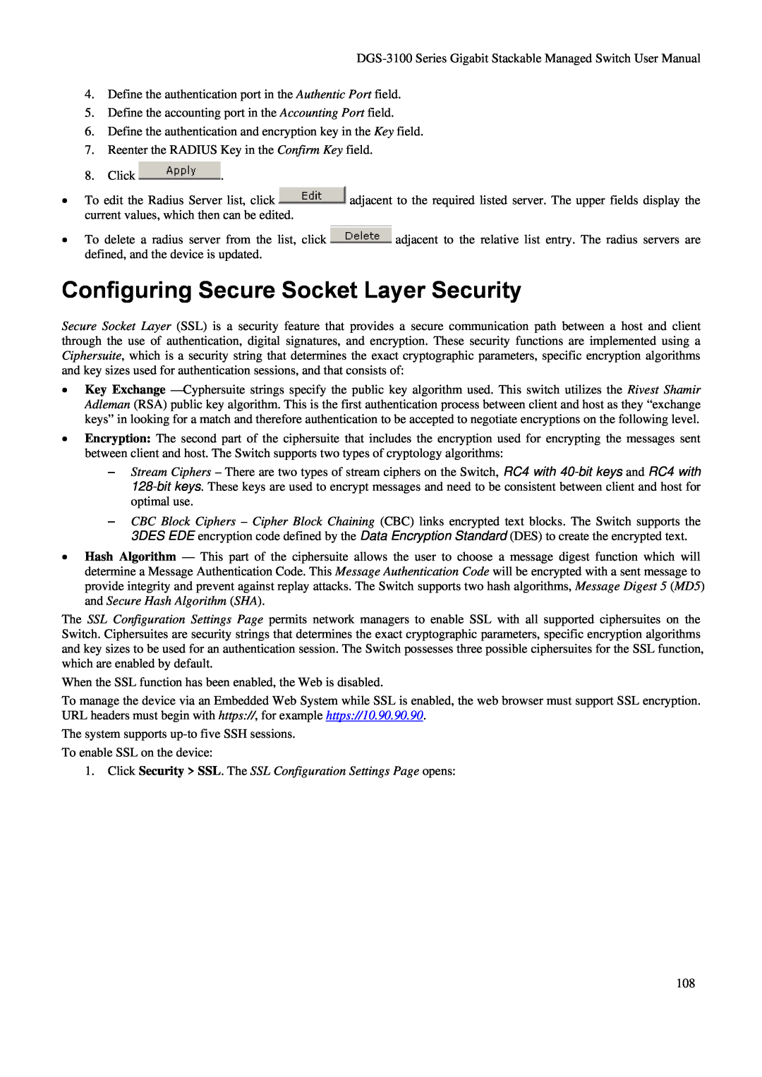 D-Link DGS-3100 Configuring Secure Socket Layer Security, Click Security SSL. The SSL Configuration Settings Page opens 