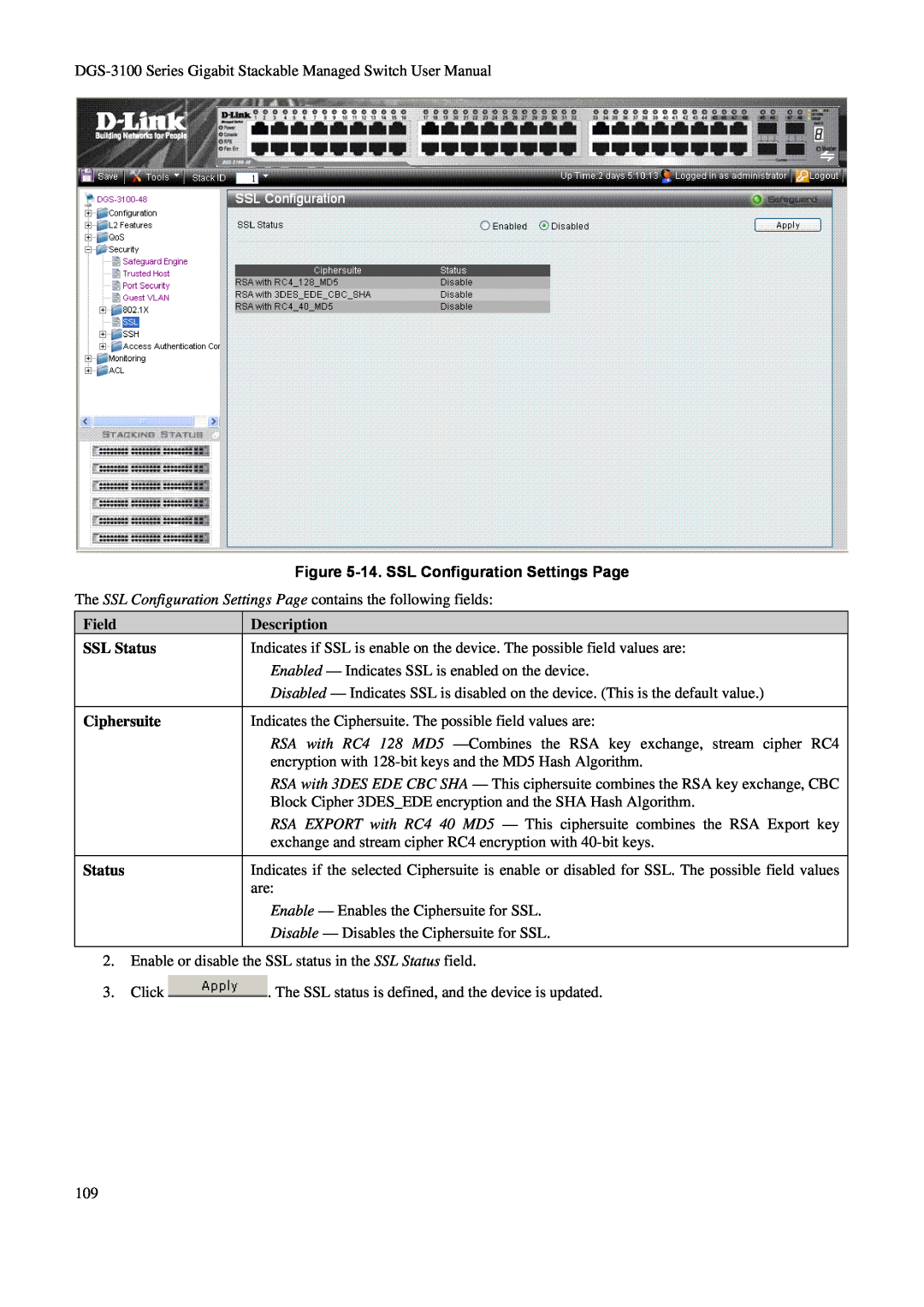 D-Link DGS-3100 user manual 14. SSL Configuration Settings Page, Field SSL Status Ciphersuite Status, Description 