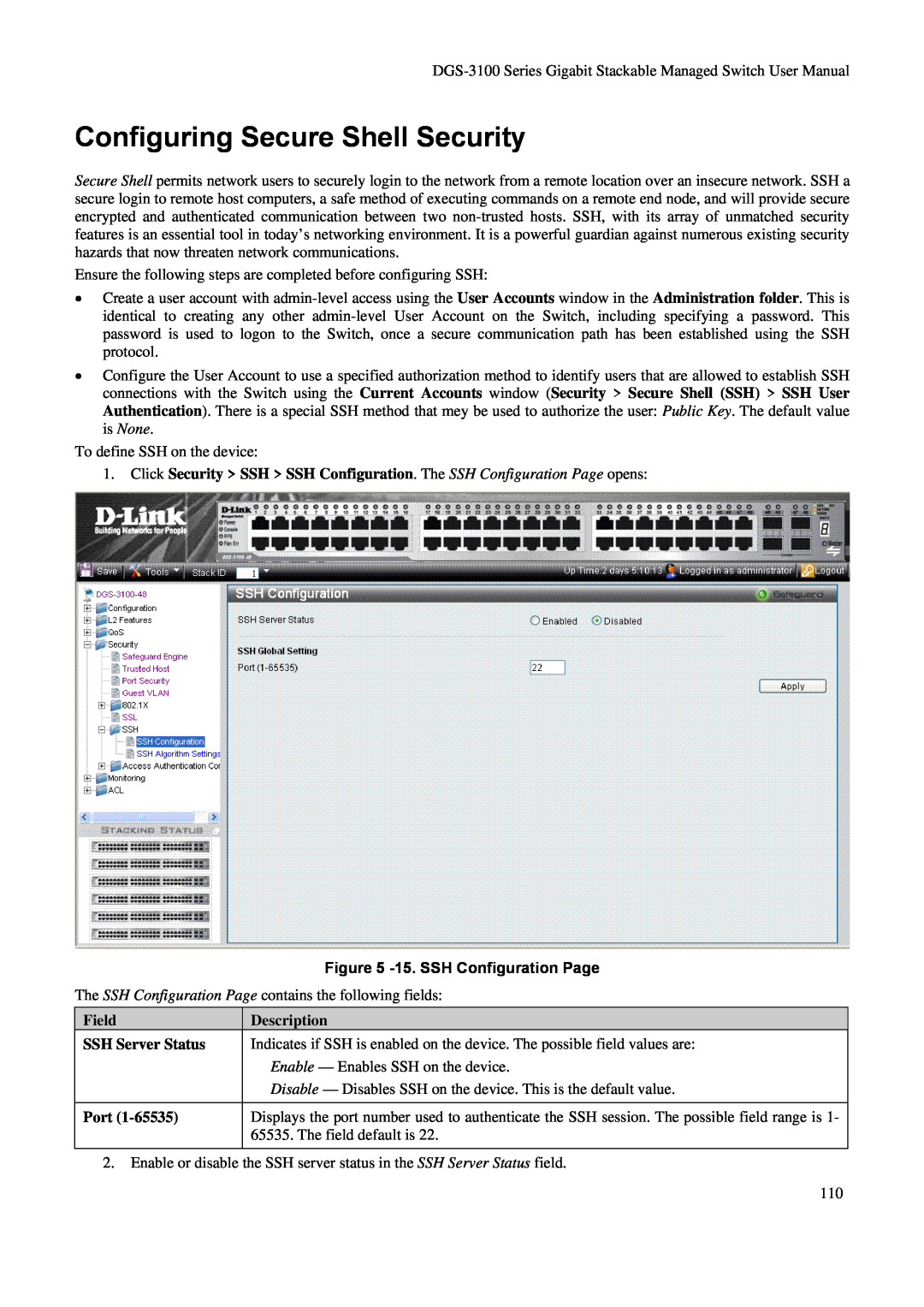 D-Link DGS-3100 Configuring Secure Shell Security, 15. SSH Configuration Page, Field SSH Server Status Port, Description 