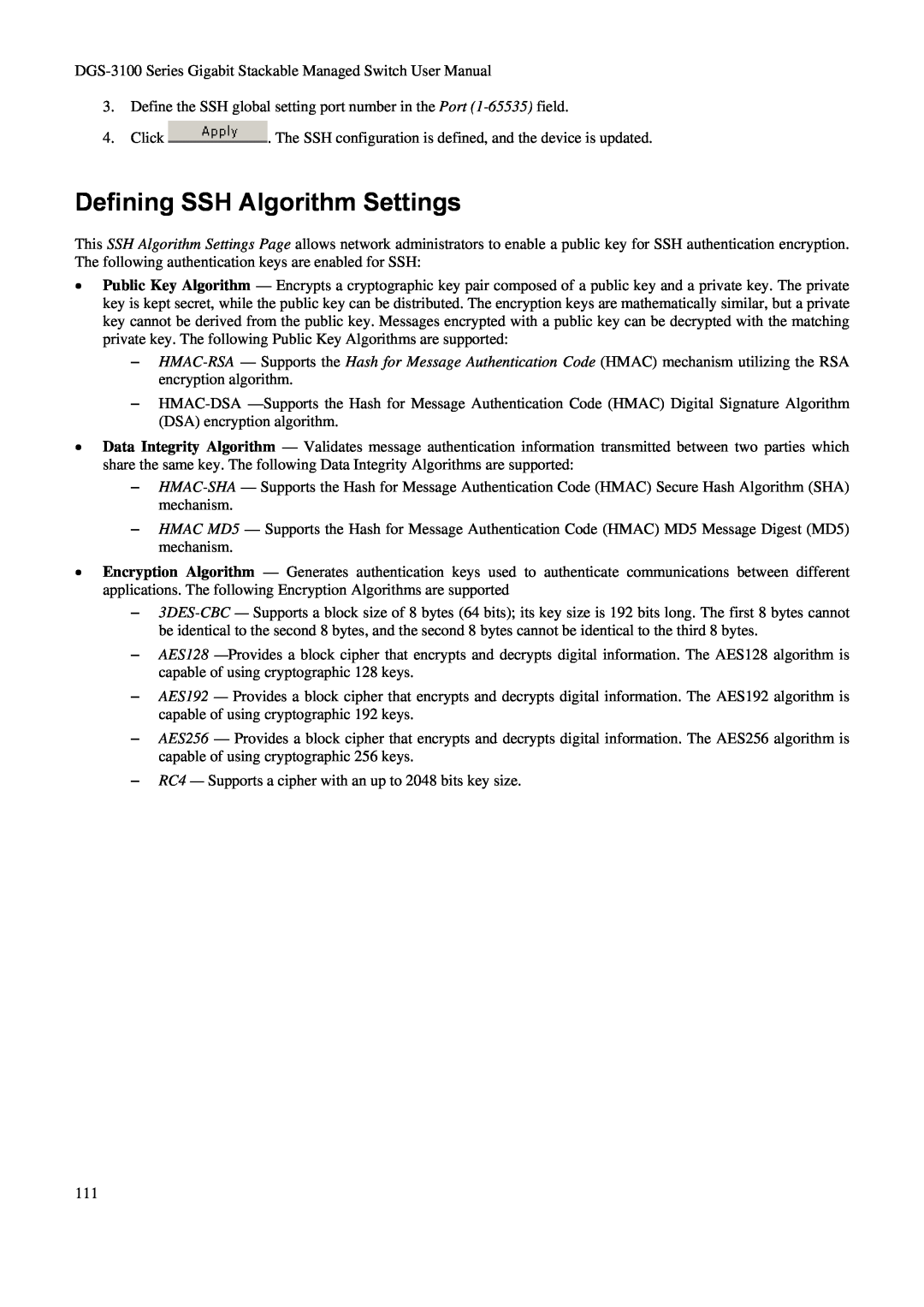 D-Link DGS-3100 user manual Defining SSH Algorithm Settings 