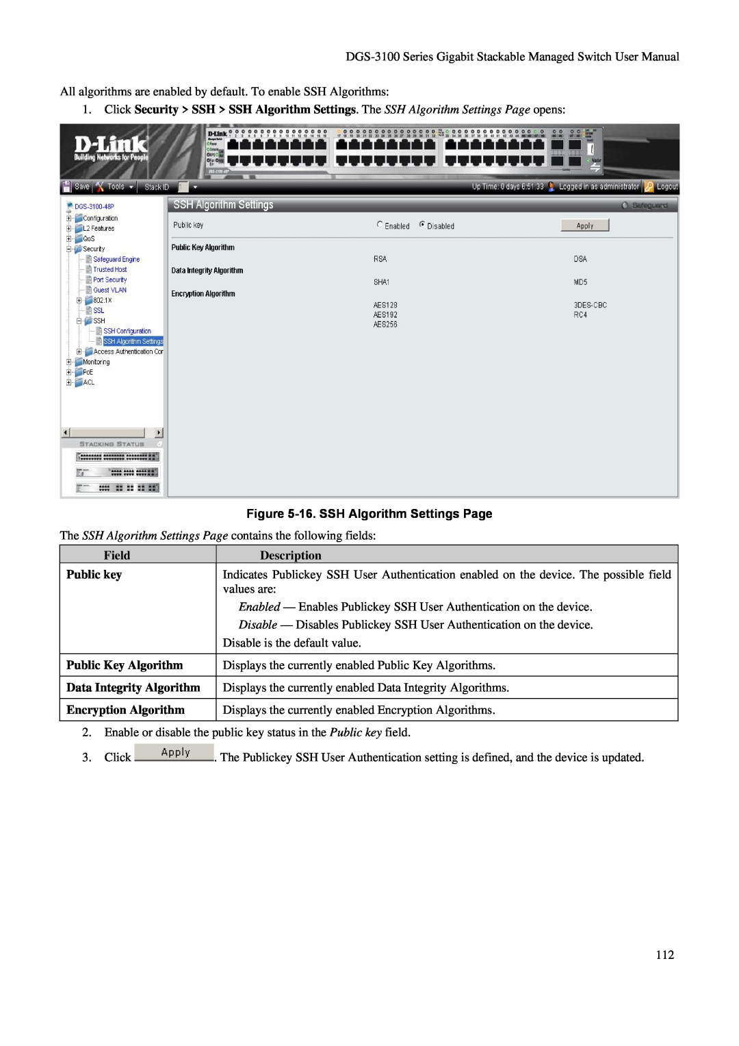 D-Link DGS-3100 user manual 16. SSH Algorithm Settings Page, Field, Description, Public key, Public Key Algorithm 