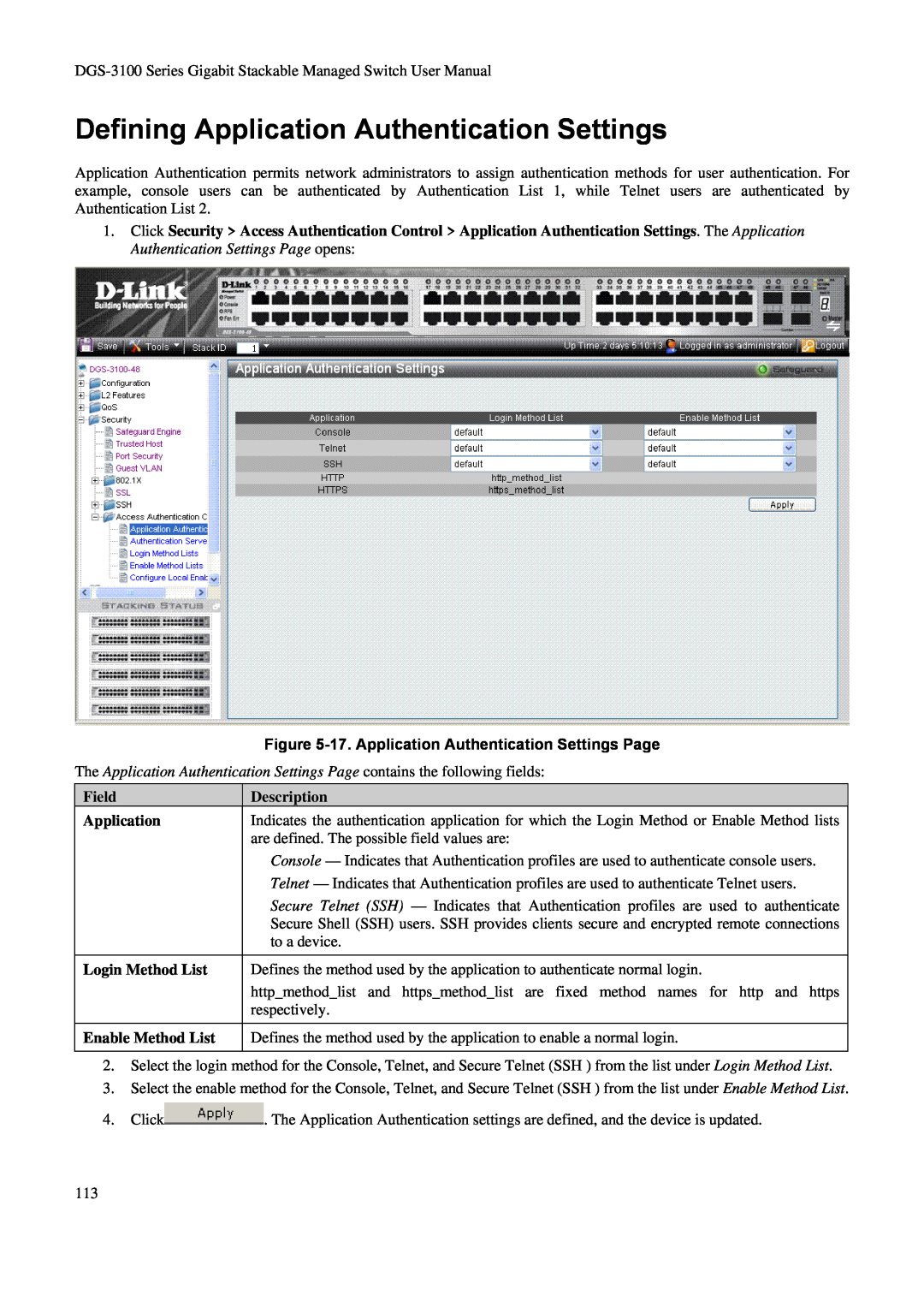 D-Link DGS-3100 Defining Application Authentication Settings, 17. Application Authentication Settings Page, Description 