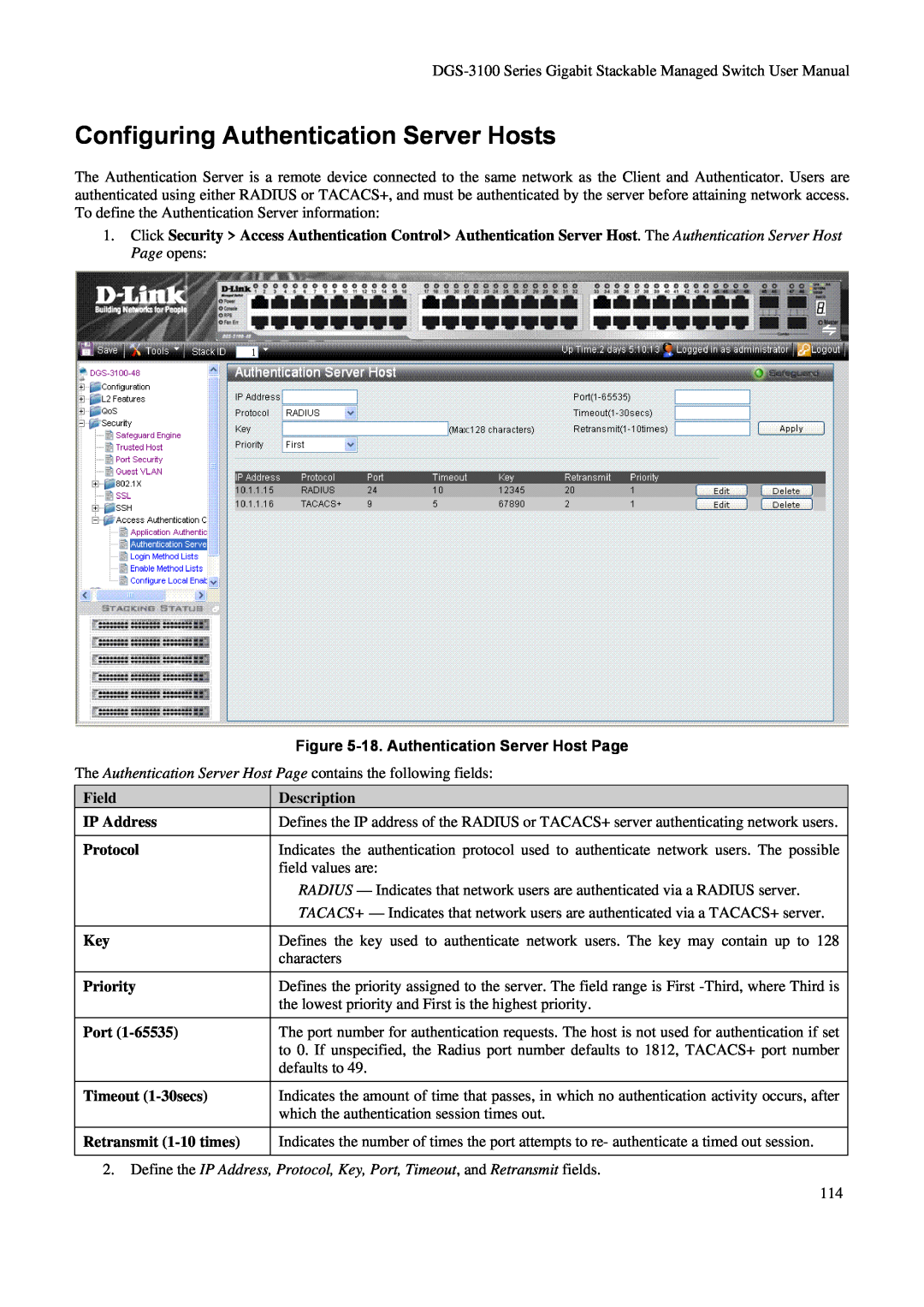 D-Link DGS-3100 Configuring Authentication Server Hosts, 18. Authentication Server Host Page, Field, Description, Protocol 