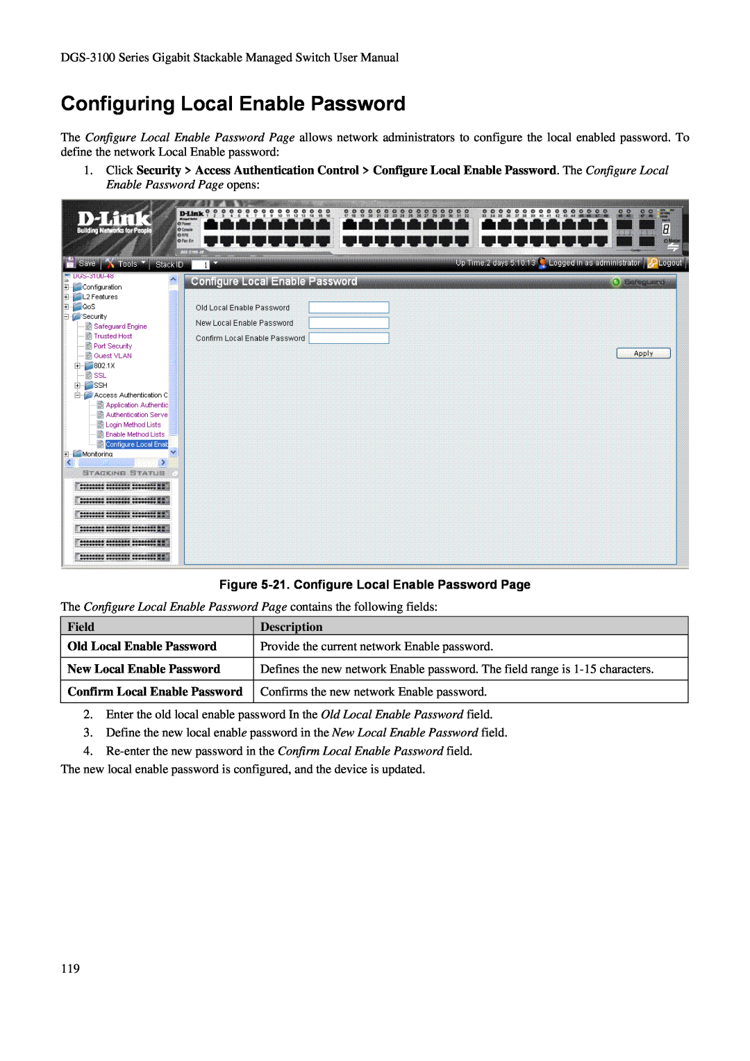 D-Link DGS-3100 user manual Configuring Local Enable Password, 21. Configure Local Enable Password Page, Field, Description 