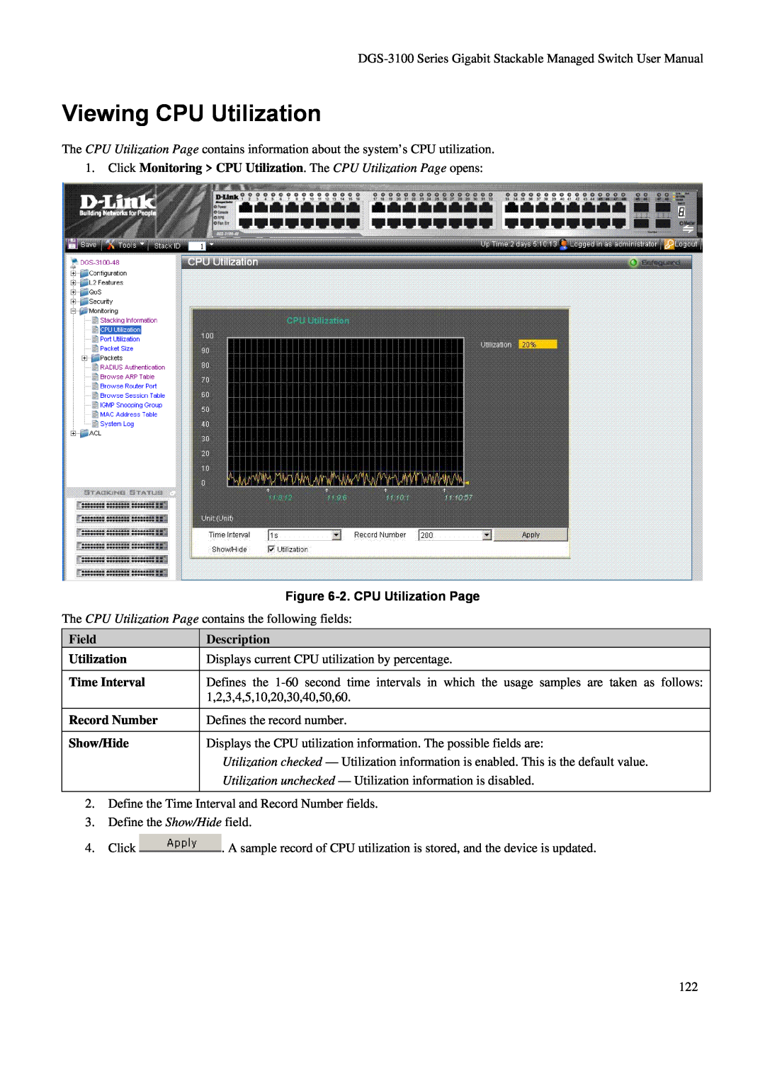 D-Link DGS-3100 Viewing CPU Utilization, Click Monitoring CPU Utilization. The CPU Utilization Page opens, Description 