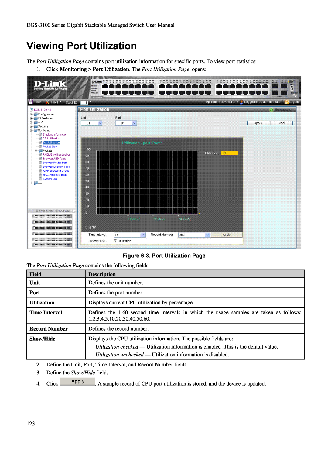 D-Link DGS-3100 user manual Viewing Port Utilization, 3. Port Utilization Page, Description 