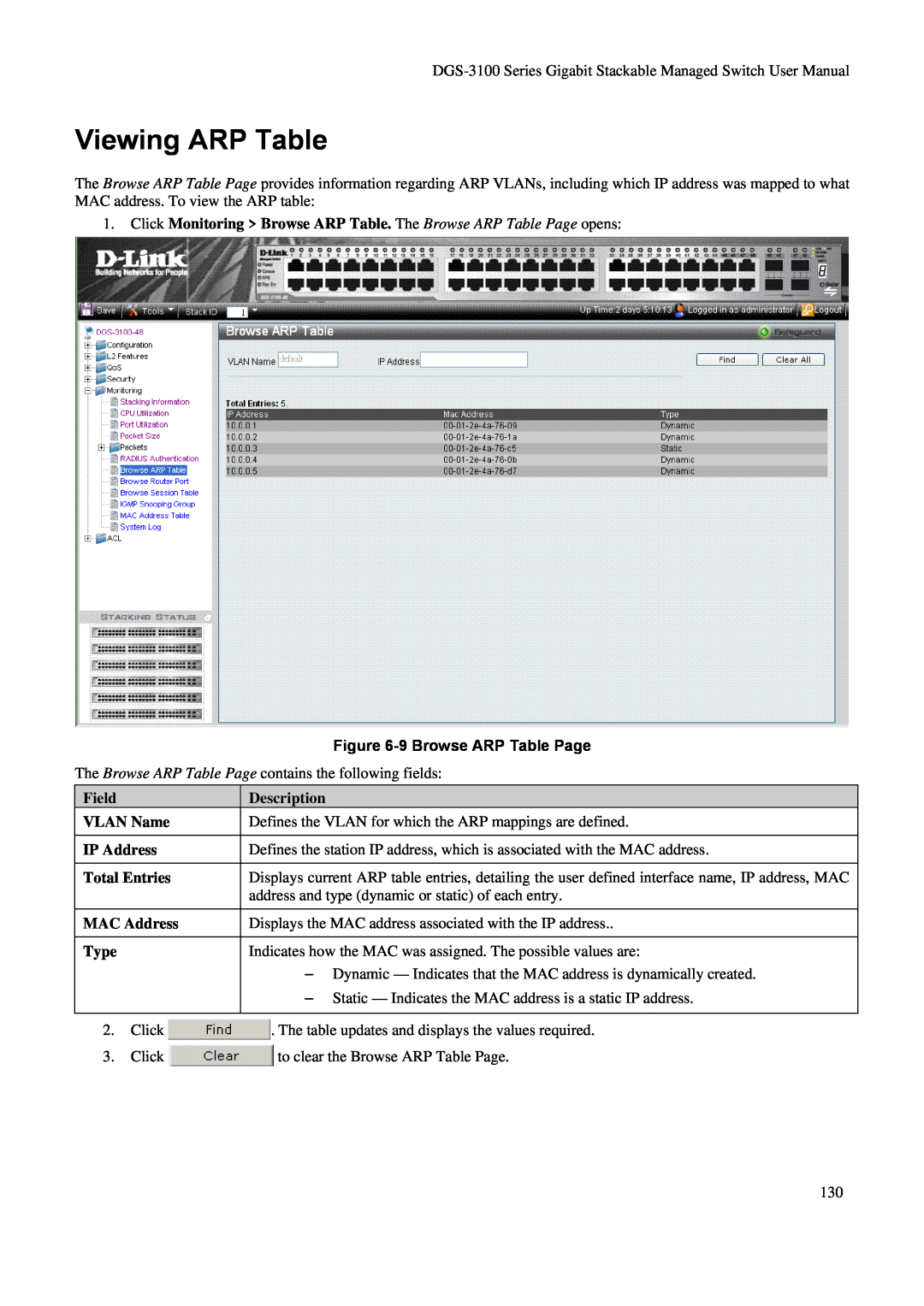 D-Link DGS-3100 Viewing ARP Table, 9 Browse ARP Table Page, Field VLAN Name IP Address Total Entries MAC Address Type 