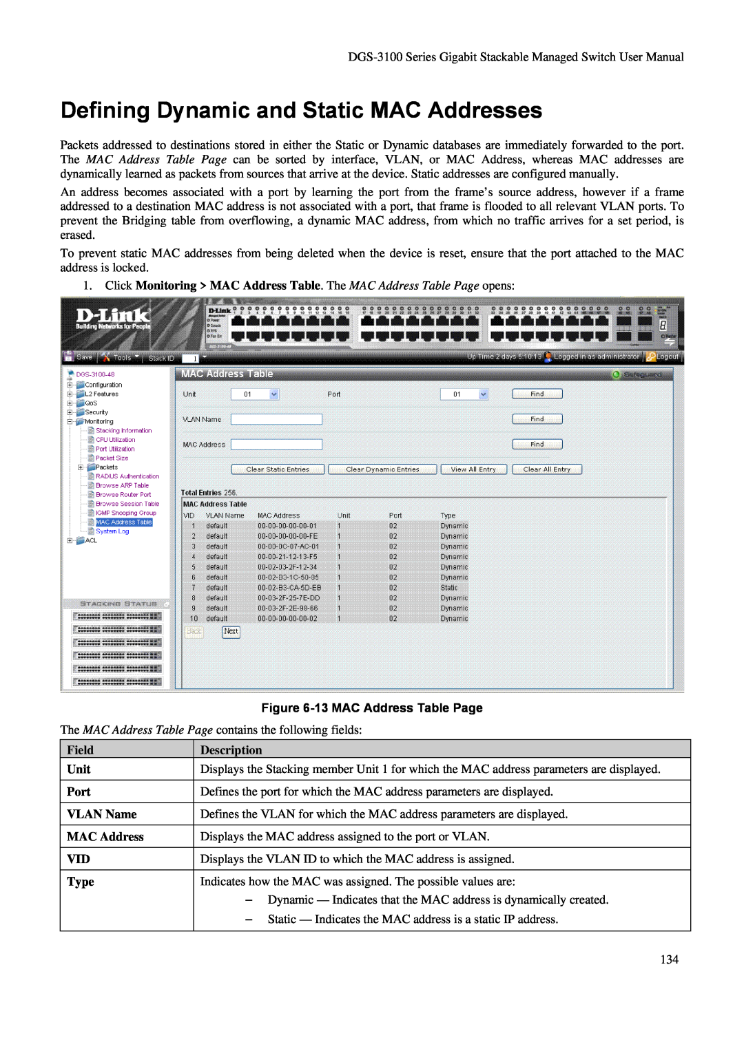 D-Link DGS-3100 user manual Defining Dynamic and Static MAC Addresses, 13 MAC Address Table Page, Description 
