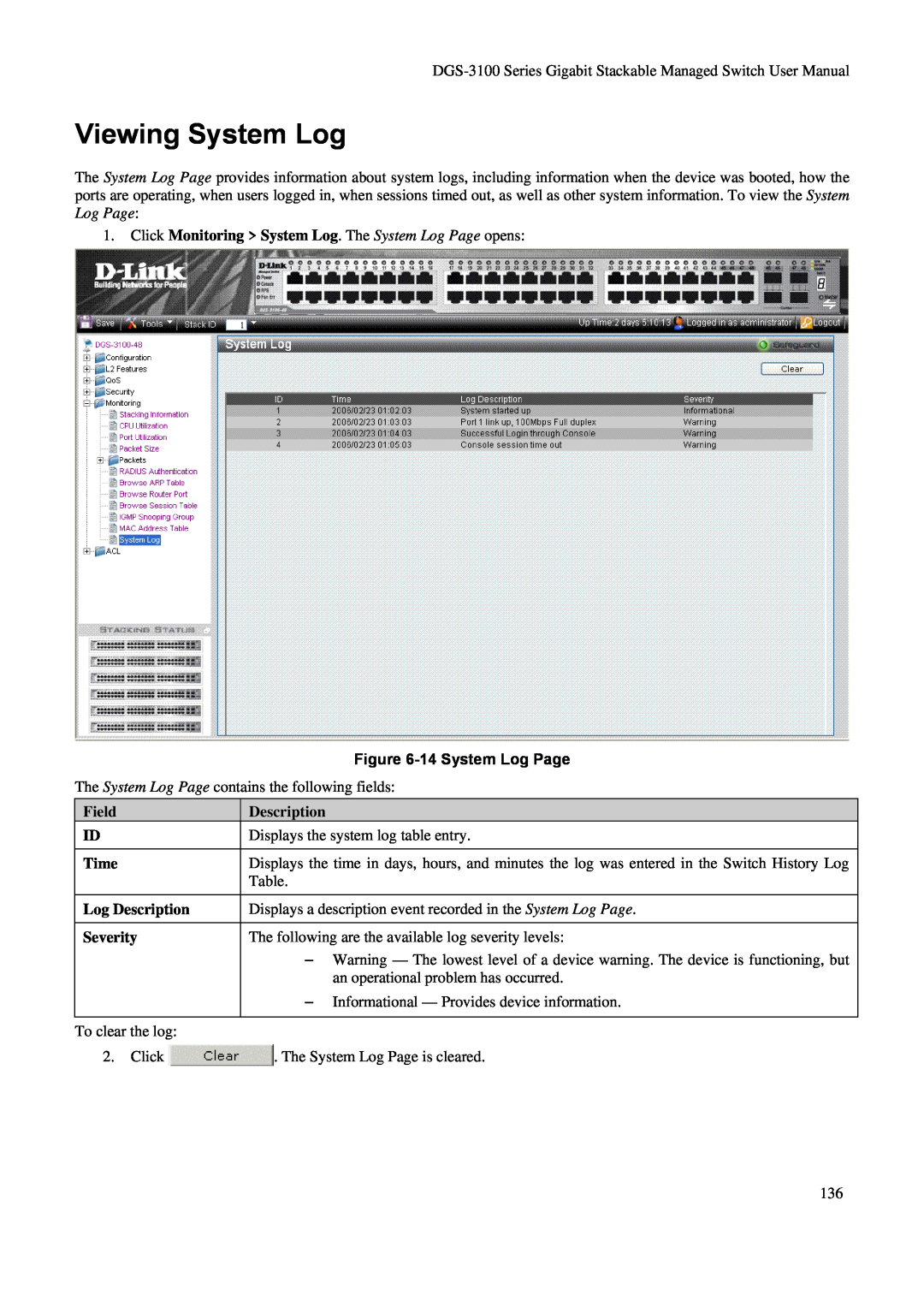 D-Link DGS-3100 user manual Viewing System Log, Click Monitoring System Log. The System Log Page opens, 14 System Log Page 
