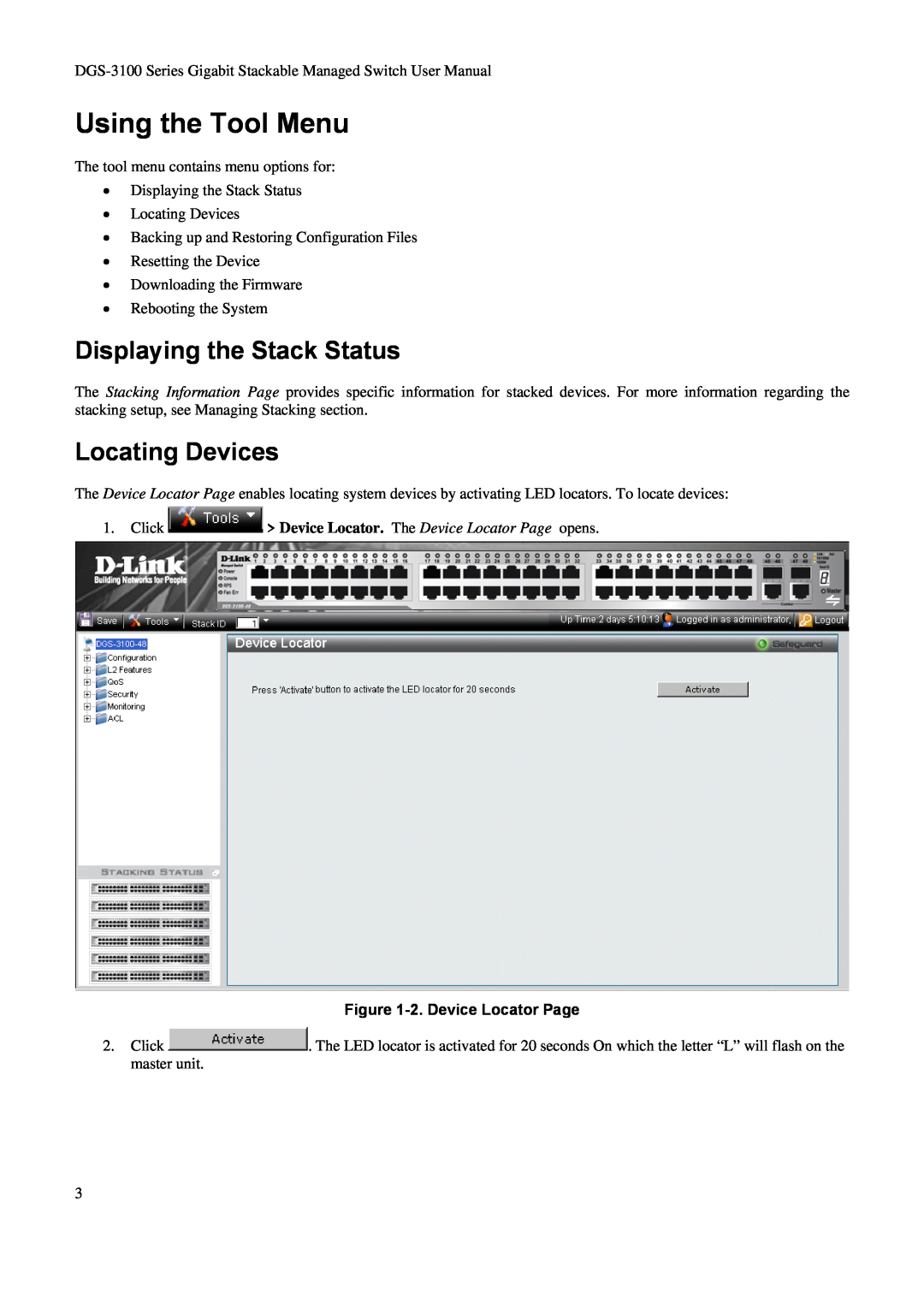 D-Link DGS-3100 user manual Using the Tool Menu, Displaying the Stack Status, Locating Devices, 2. Device Locator Page 