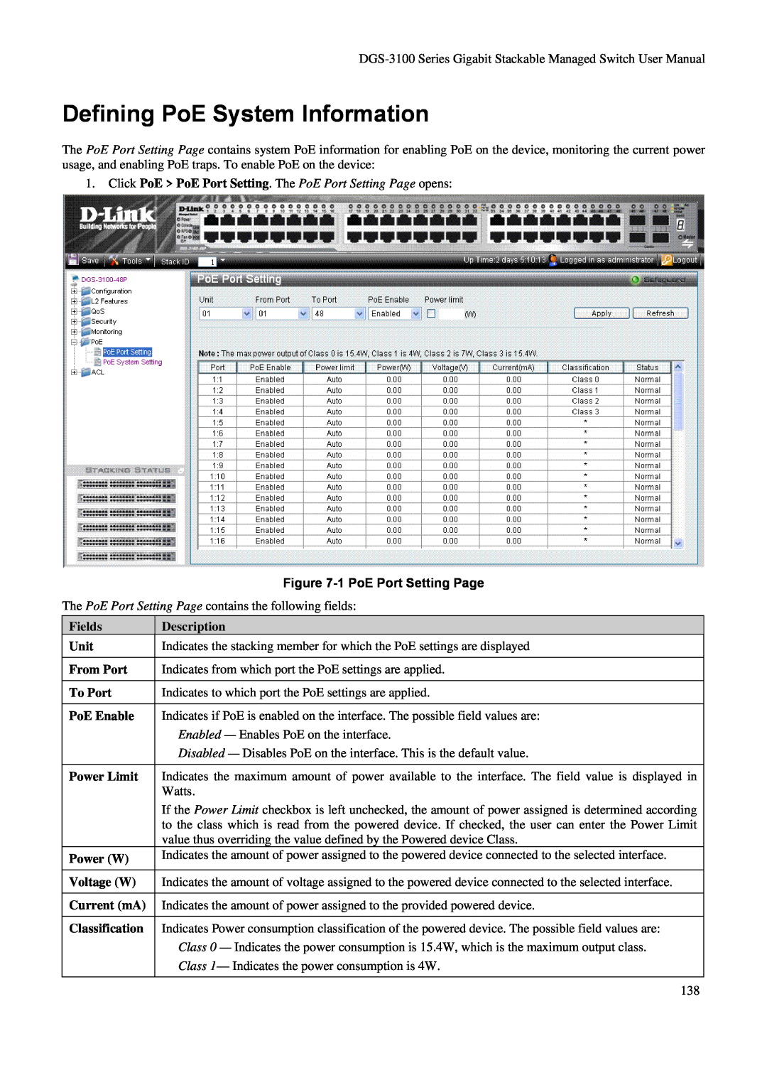 D-Link DGS-3100 Defining PoE System Information, Click PoE PoE Port Setting. The PoE Port Setting Page opens, Fields, Unit 