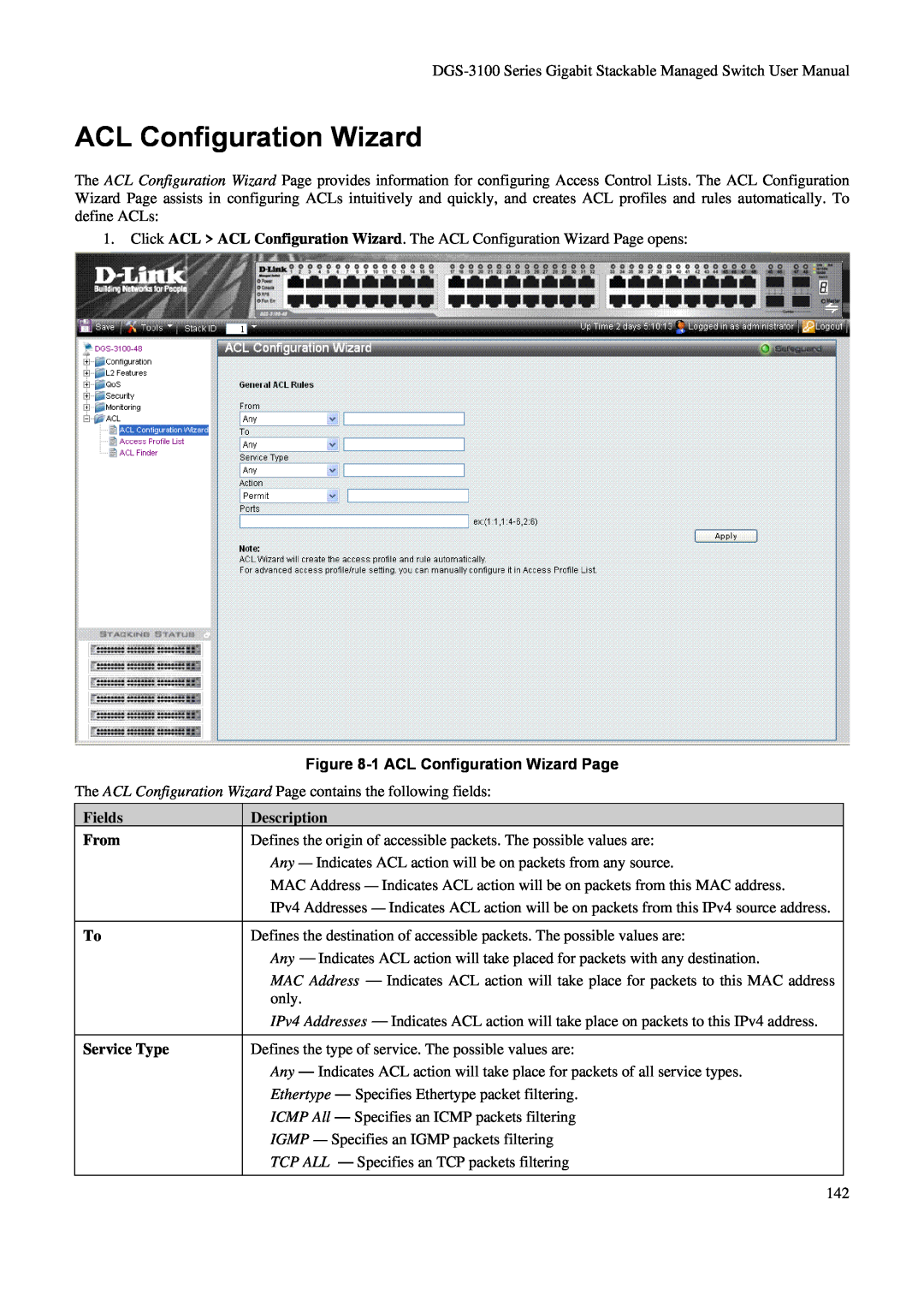 D-Link DGS-3100 user manual 1 ACL Configuration Wizard Page, Fields, Description, From, Service Type 