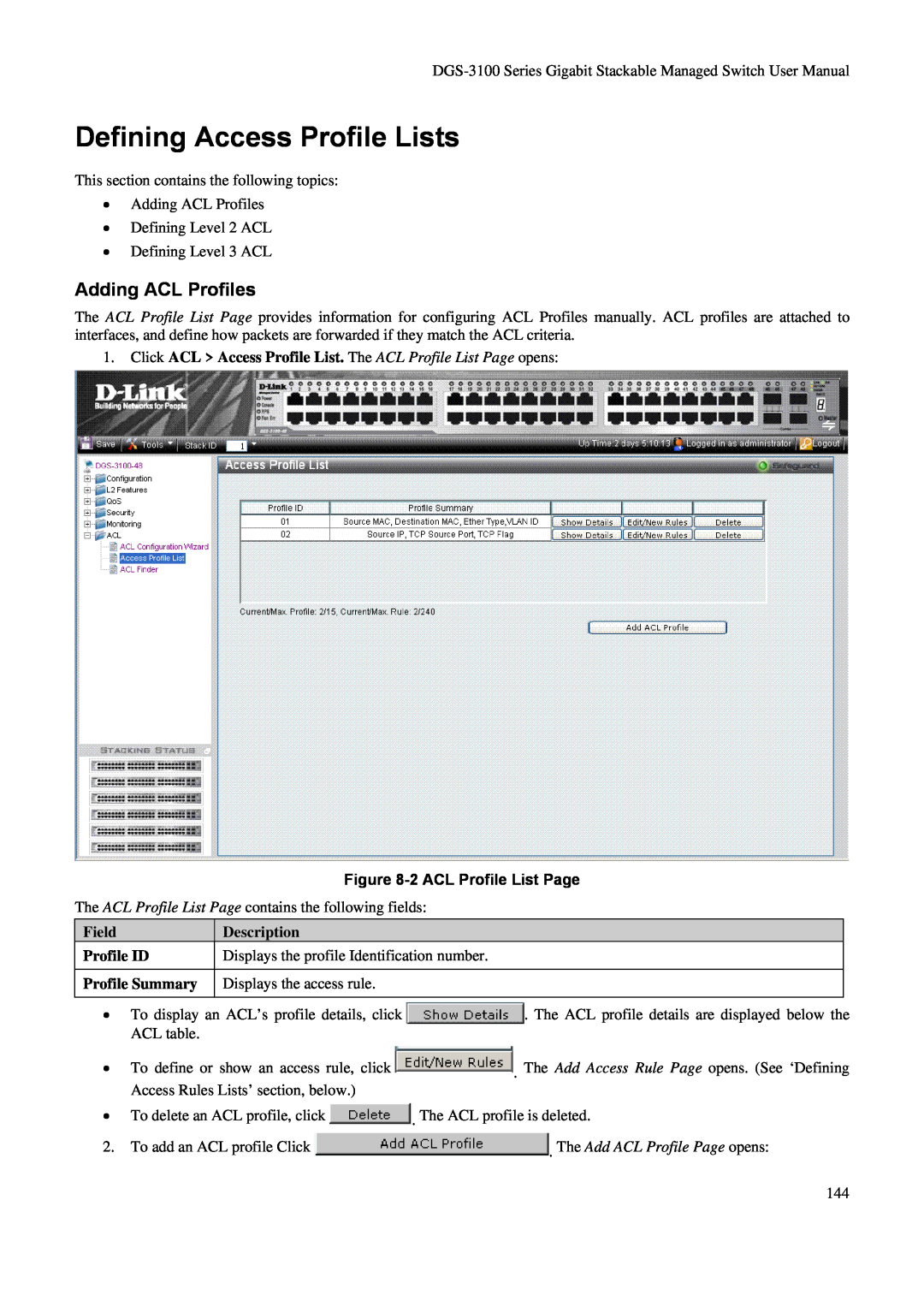 D-Link DGS-3100 user manual Defining Access Profile Lists, Adding ACL Profiles, 2 ACL Profile List Page, Field, Description 
