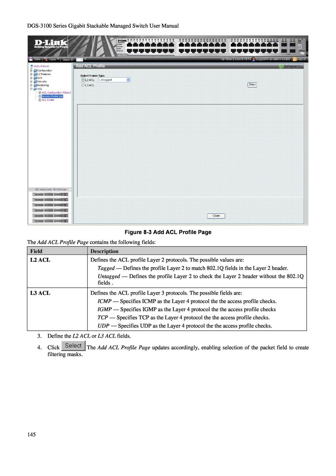 D-Link DGS-3100 user manual 3 Add ACL Profile Page, Field, Description, L2 ACL, L3 ACL 