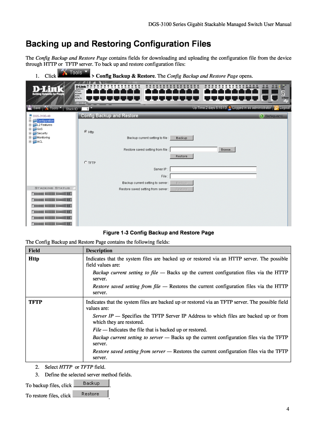 D-Link DGS-3100 user manual Backing up and Restoring Configuration Files, 3 Config Backup and Restore Page, Field Http TFTP 