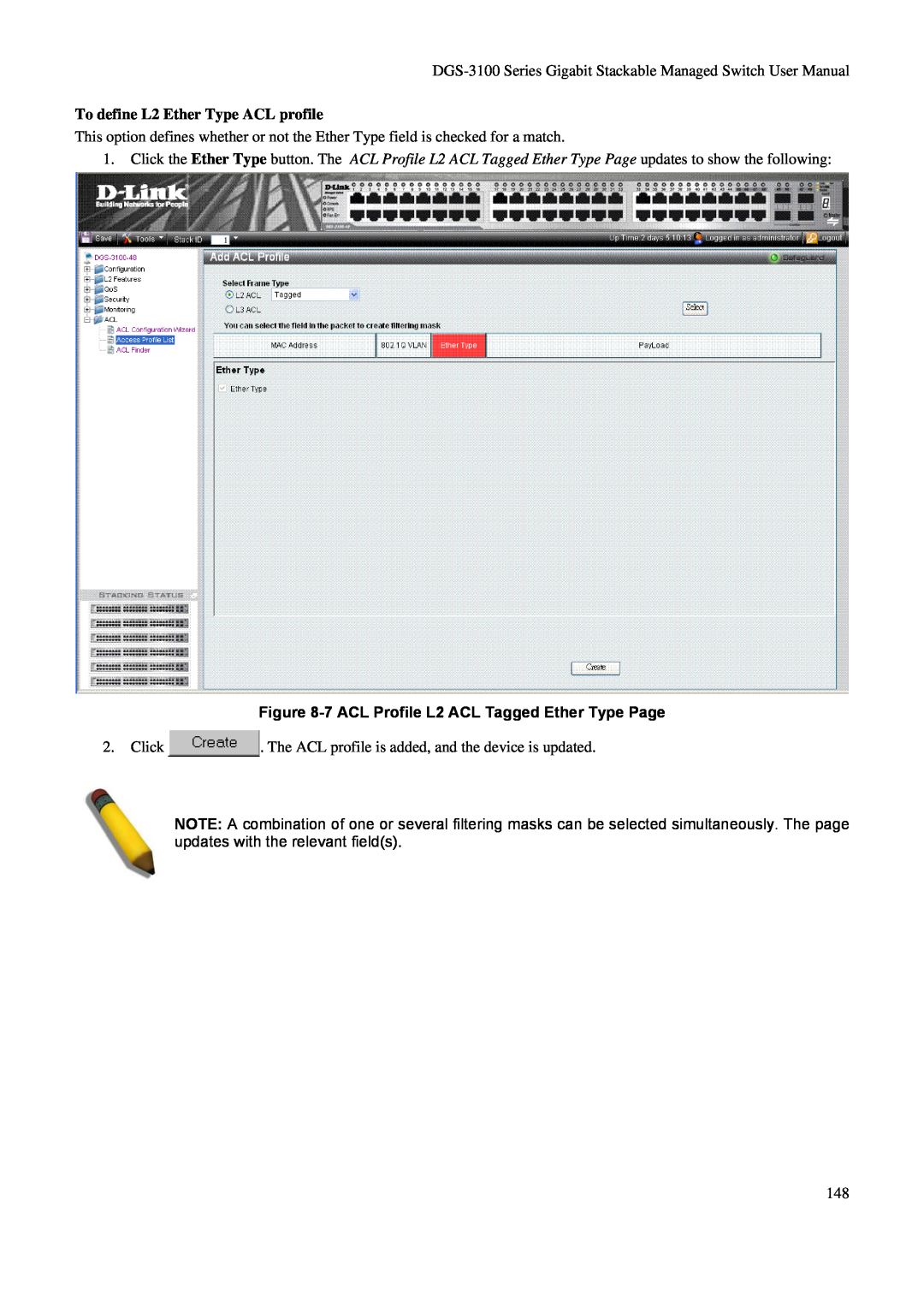 D-Link DGS-3100 user manual To define L2 Ether Type ACL profile, 7 ACL Profile L2 ACL Tagged Ether Type Page 