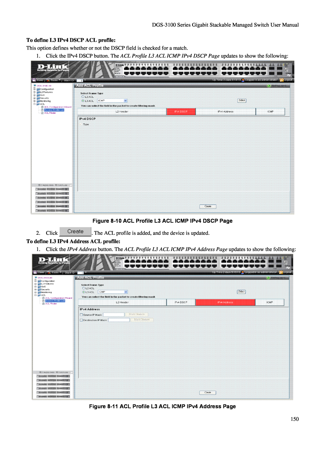 D-Link DGS-3100 user manual To define L3 IPv4 DSCP ACL profile, 10 ACL Profile L3 ACL ICMP IPv4 DSCP Page 