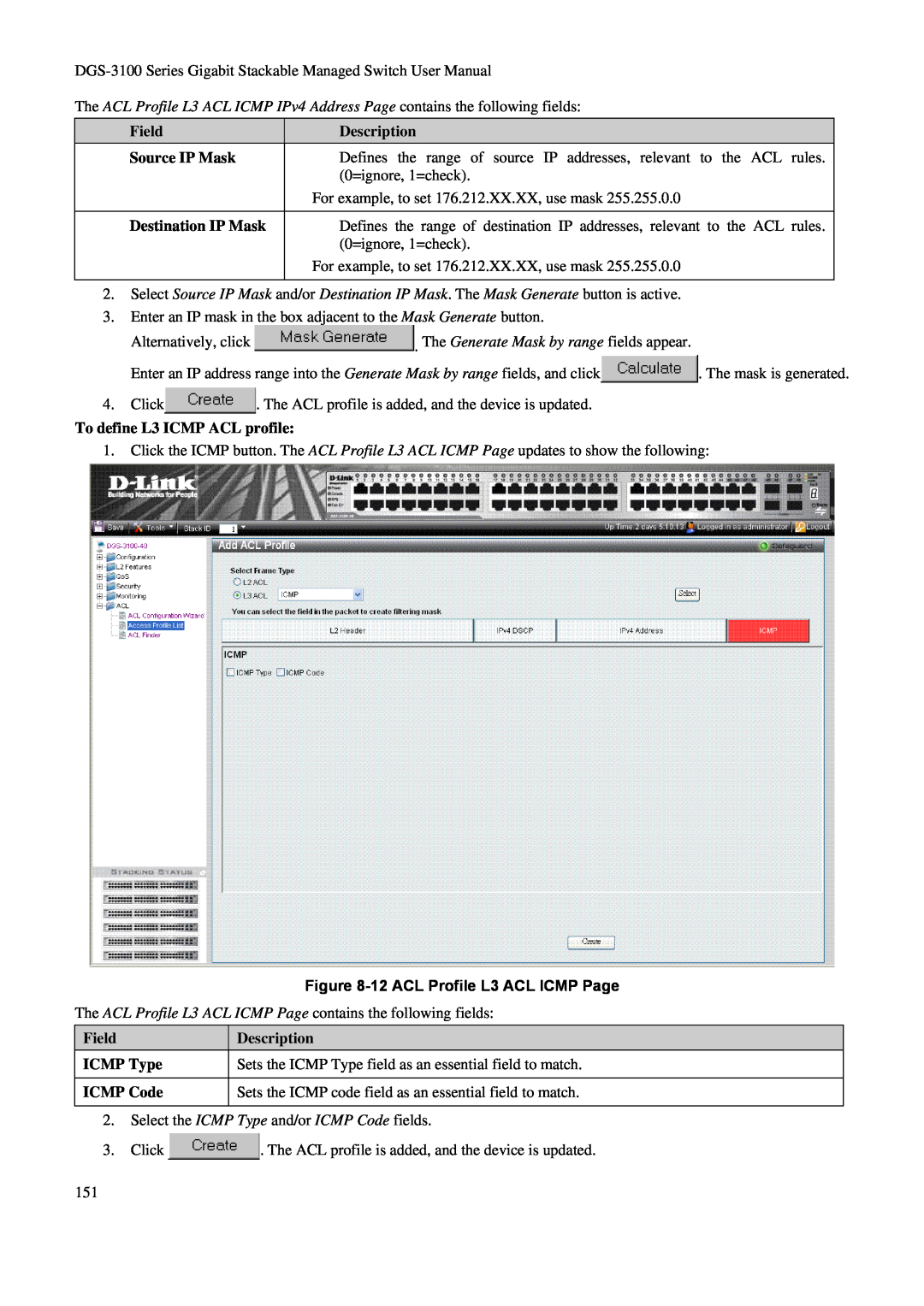 D-Link DGS-3100 Description, To define L3 ICMP ACL profile, 12 ACL Profile L3 ACL ICMP Page, Field, ICMP Type, ICMP Code 