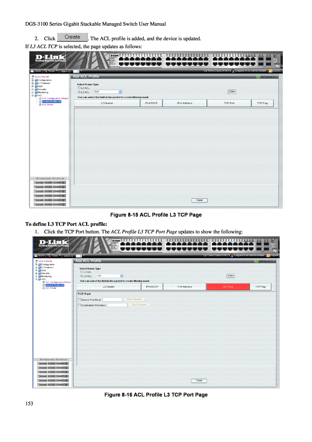 D-Link DGS-3100 user manual 15 ACL Profile L3 TCP Page, To define L3 TCP Port ACL profile, 16 ACL Profile L3 TCP Port Page 