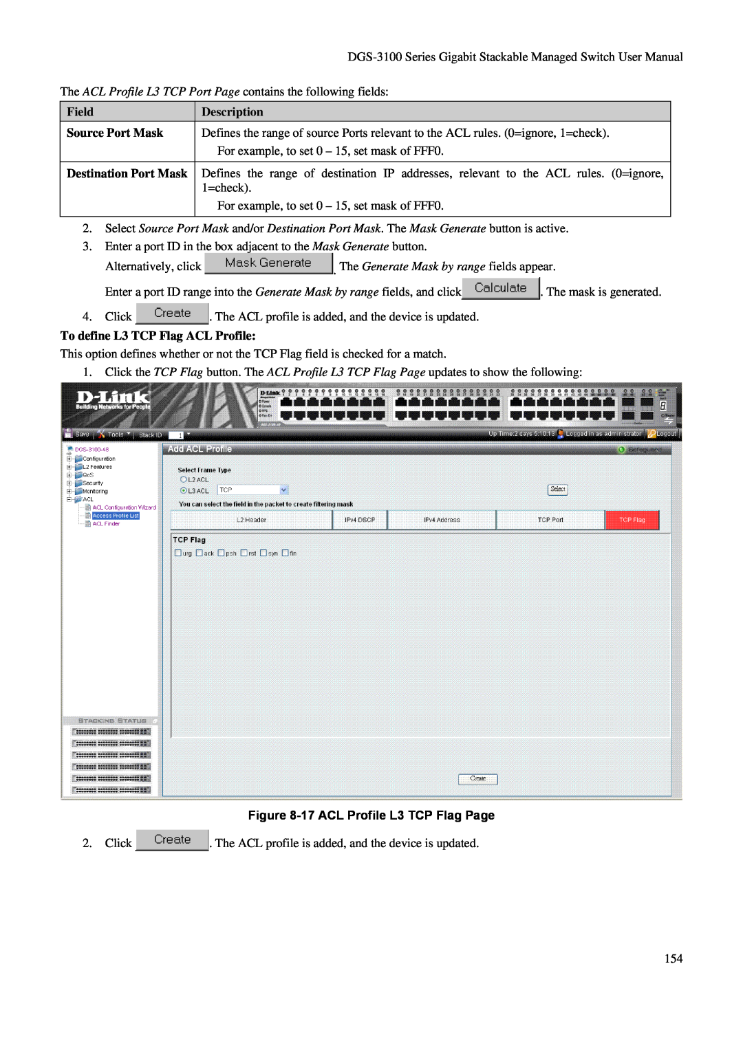 D-Link DGS-3100 user manual Description, To define L3 TCP Flag ACL Profile, 17 ACL Profile L3 TCP Flag Page 