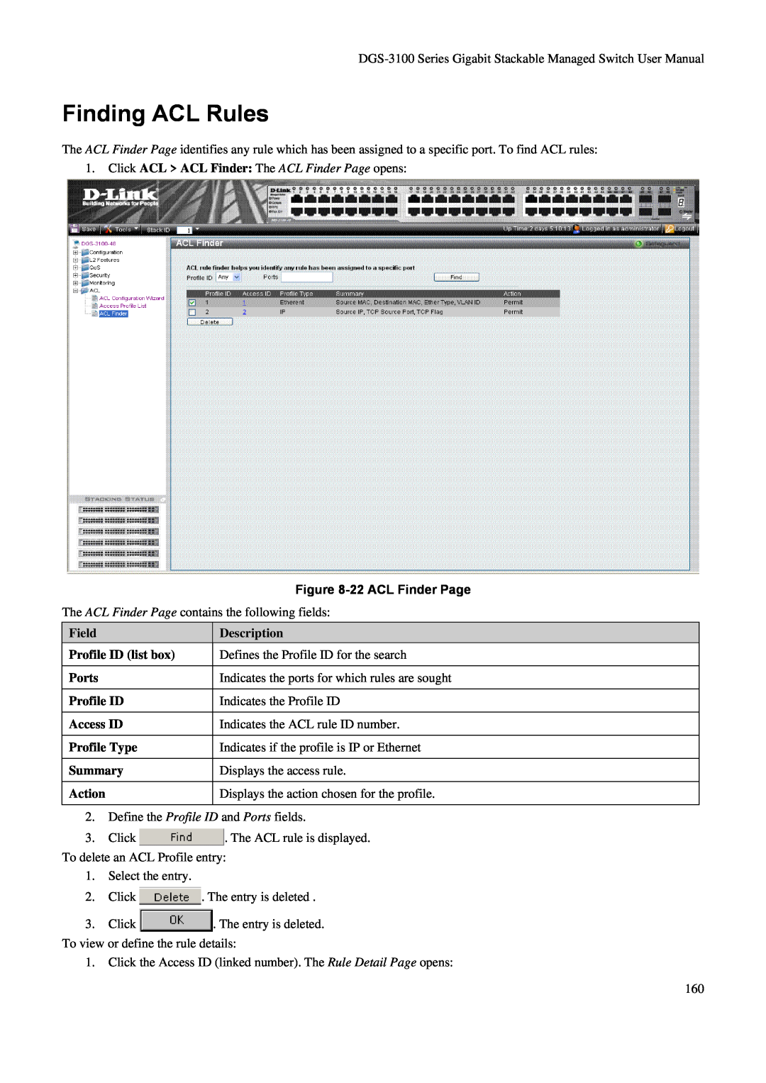 D-Link DGS-3100 Finding ACL Rules, Click ACL ACL Finder The ACL Finder Page opens, 22 ACL Finder Page, Field, Description 