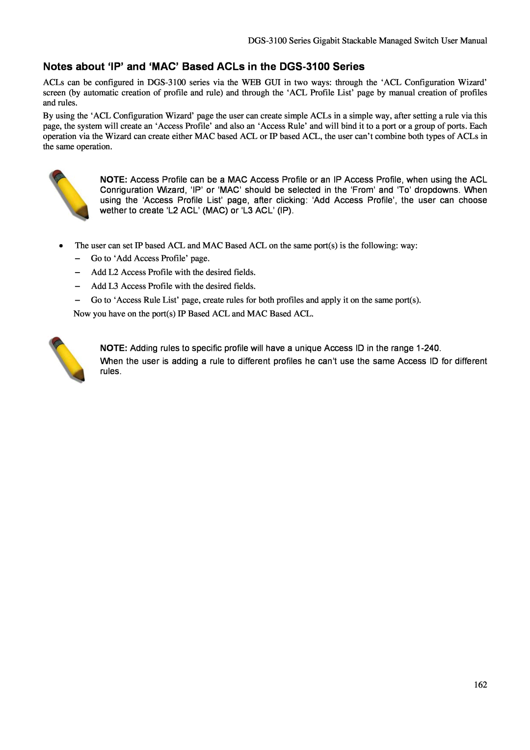 D-Link user manual Notes about ‘IP’ and ‘MAC’ Based ACLs in the DGS-3100 Series 