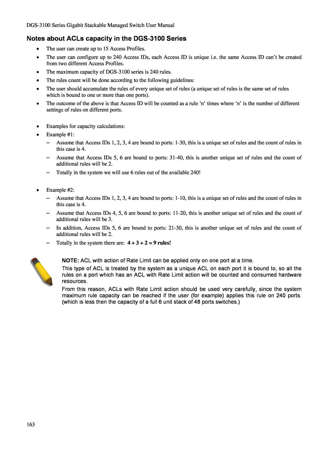 D-Link user manual Notes about ACLs capacity in the DGS-3100 Series 