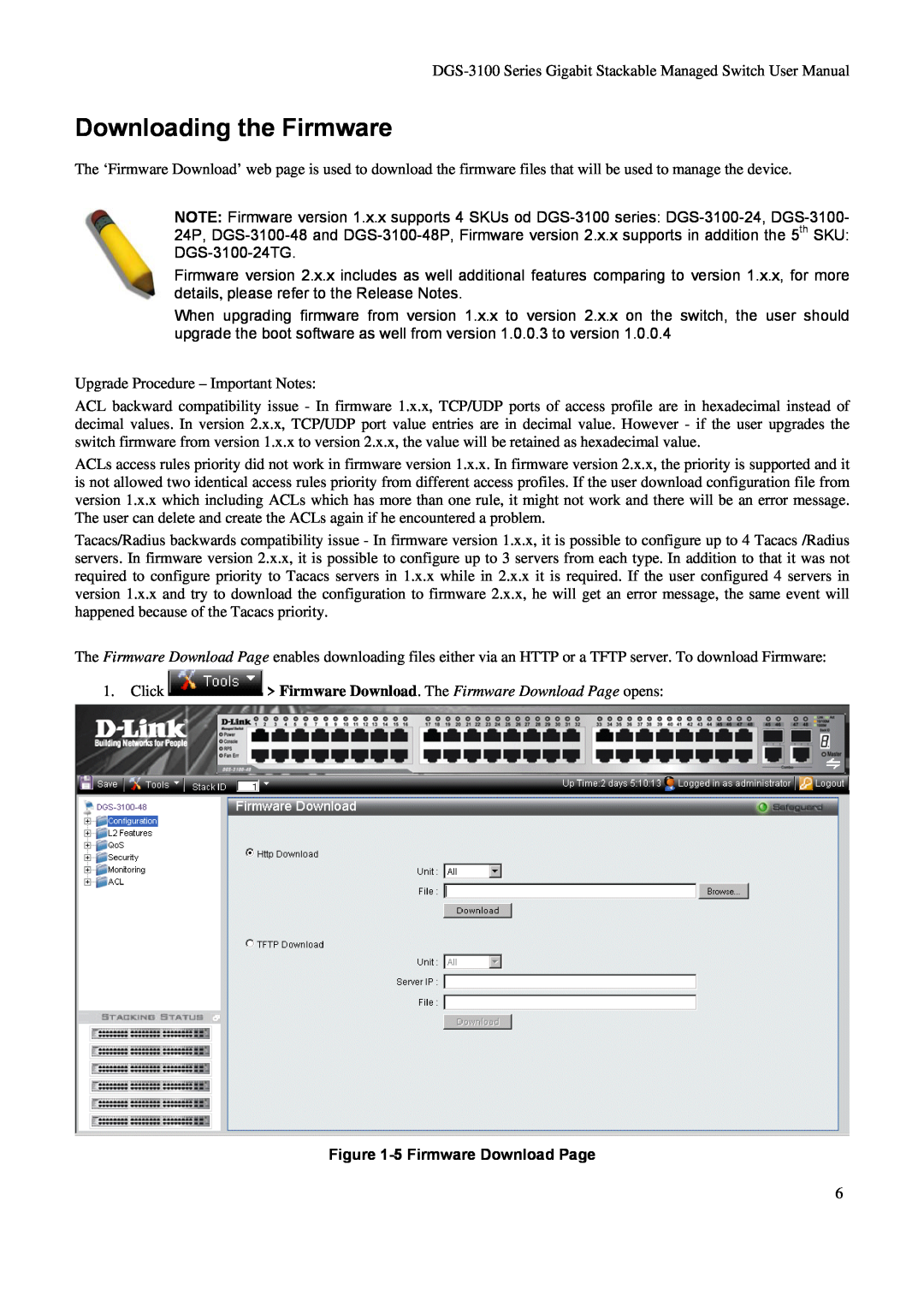 D-Link DGS-3100 user manual Downloading the Firmware, Click Firmware Download. The Firmware Download Page opens 