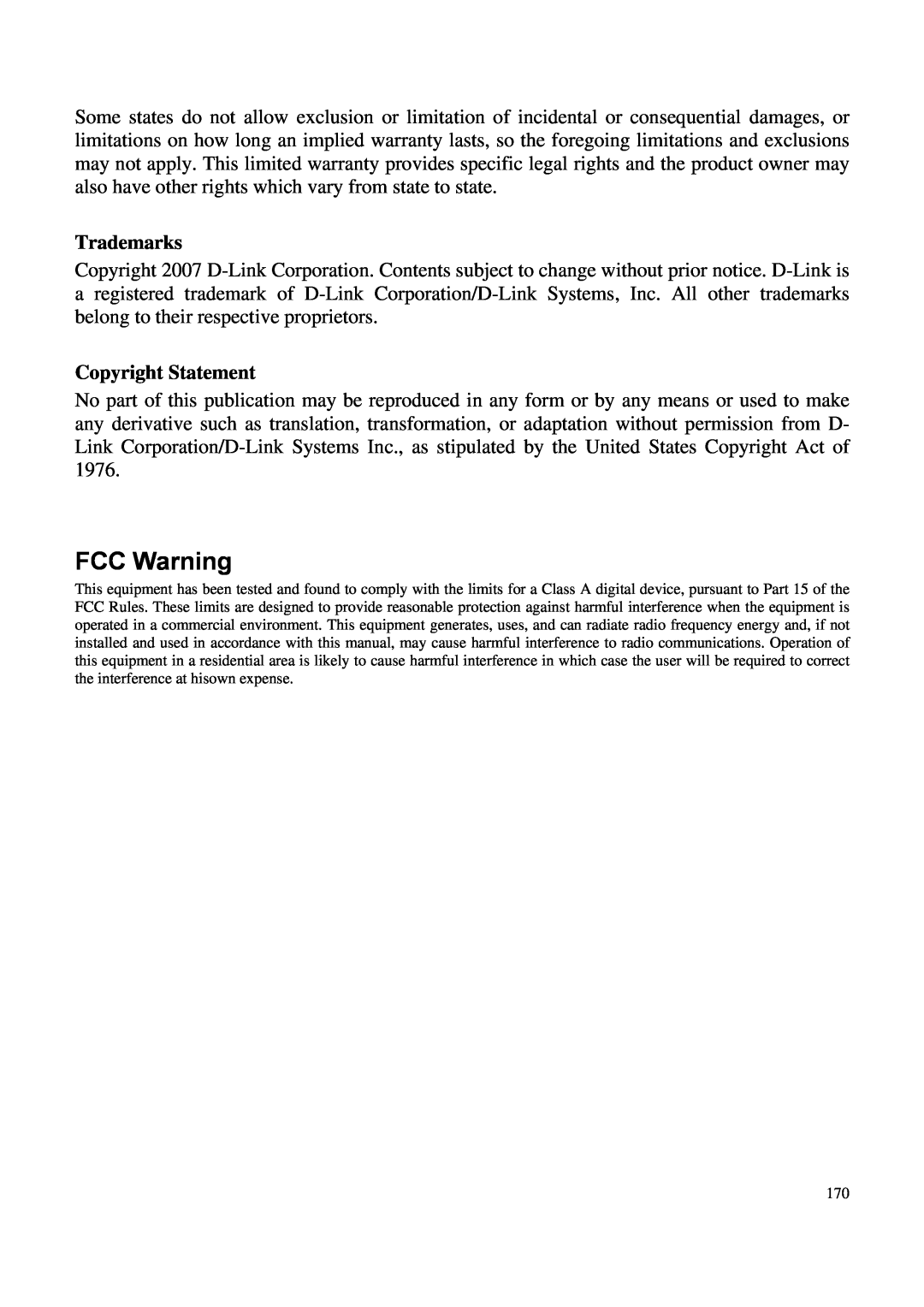 D-Link DGS-3100 user manual FCC Warning, Trademarks, Copyright Statement 