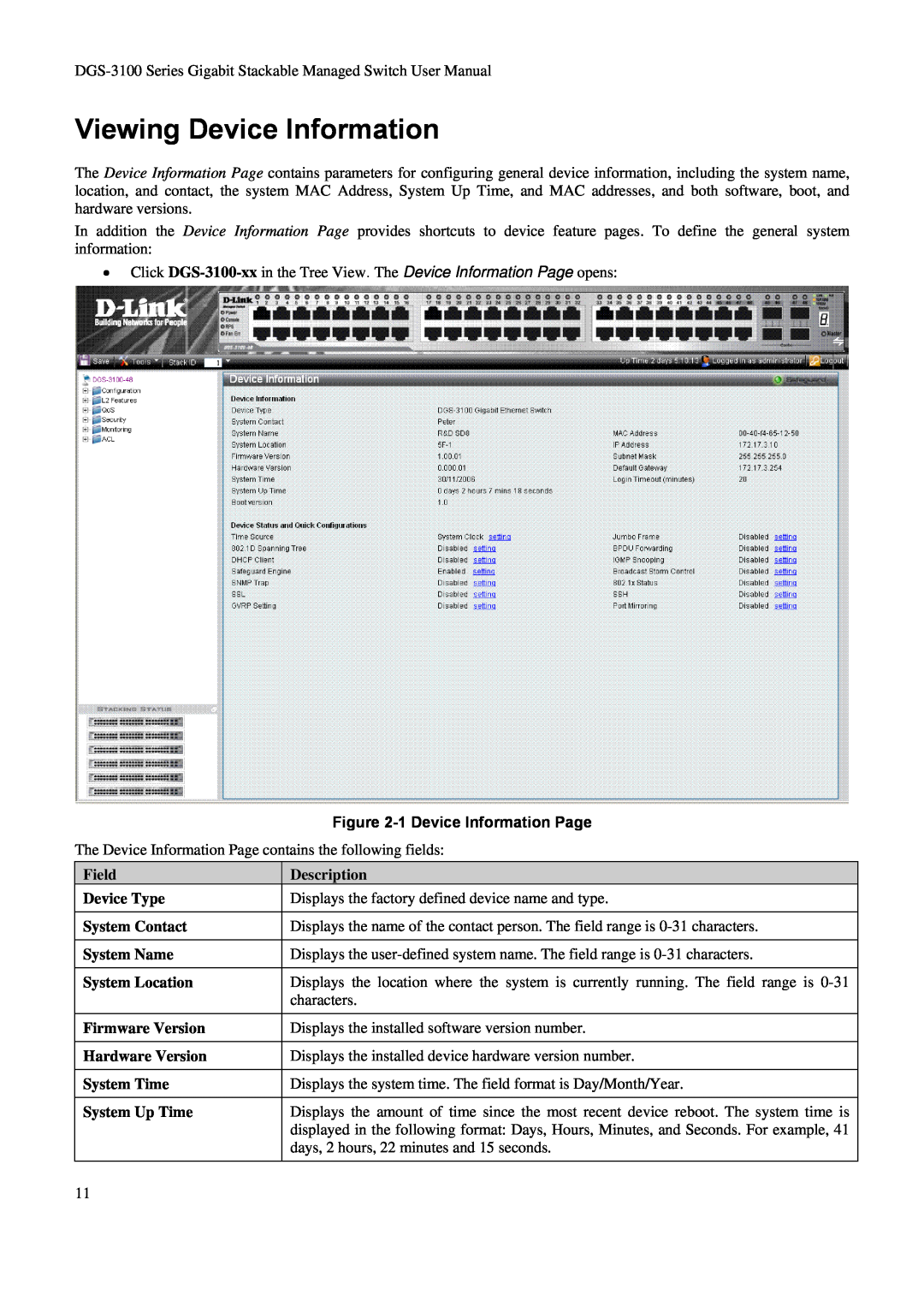 D-Link DGS-3100 user manual Viewing Device Information, 1 Device Information Page, Description 
