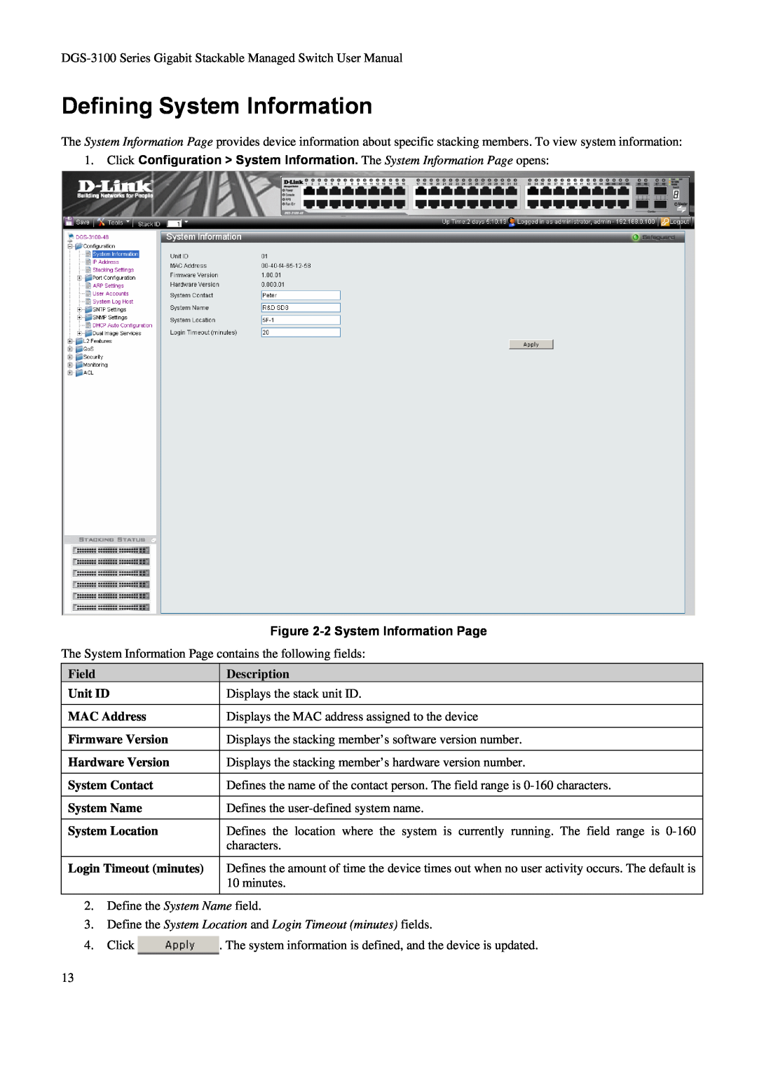 D-Link DGS-3100 user manual Defining System Information, 2 System Information Page, Description 