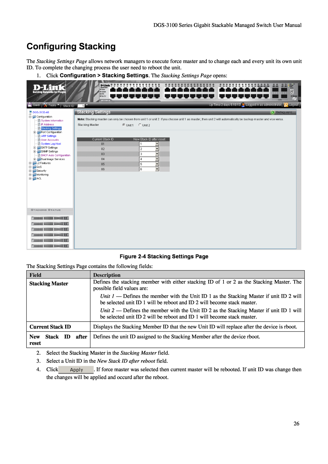 D-Link DGS-3100 user manual Configuring Stacking, 4 Stacking Settings Page, Description 