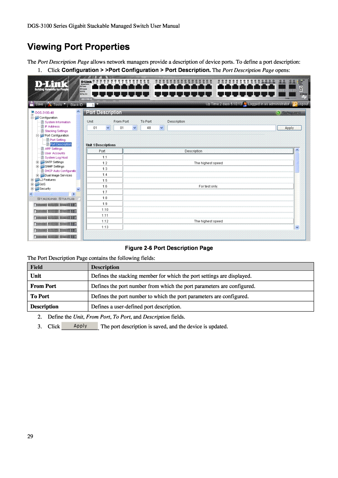 D-Link DGS-3100 user manual Viewing Port Properties, 6 Port Description Page, Field, Unit, From Port, To Port 