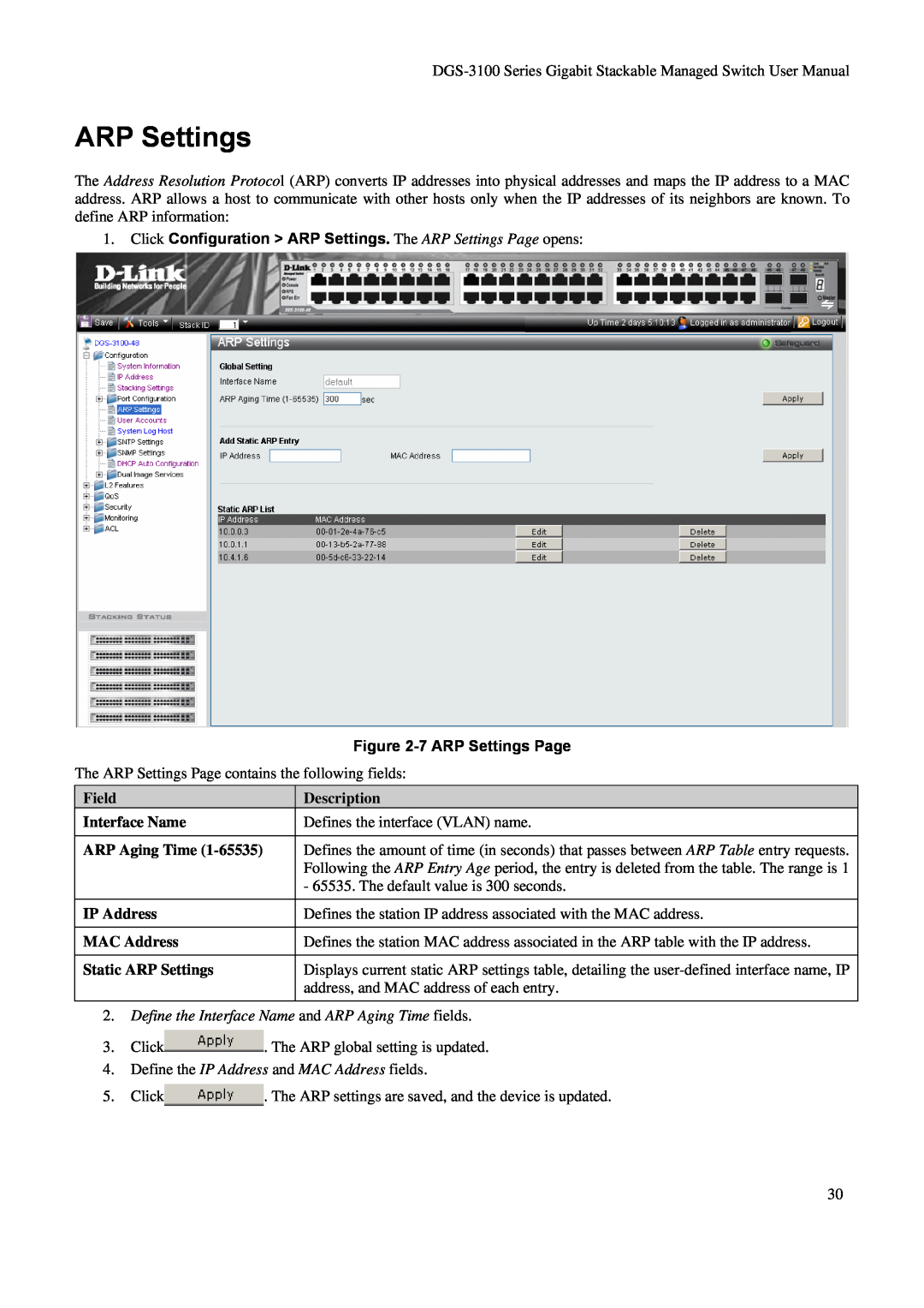 D-Link DGS-3100 Click Configuration ARP Settings. The ARP Settings Page opens, 7 ARP Settings Page, Description 